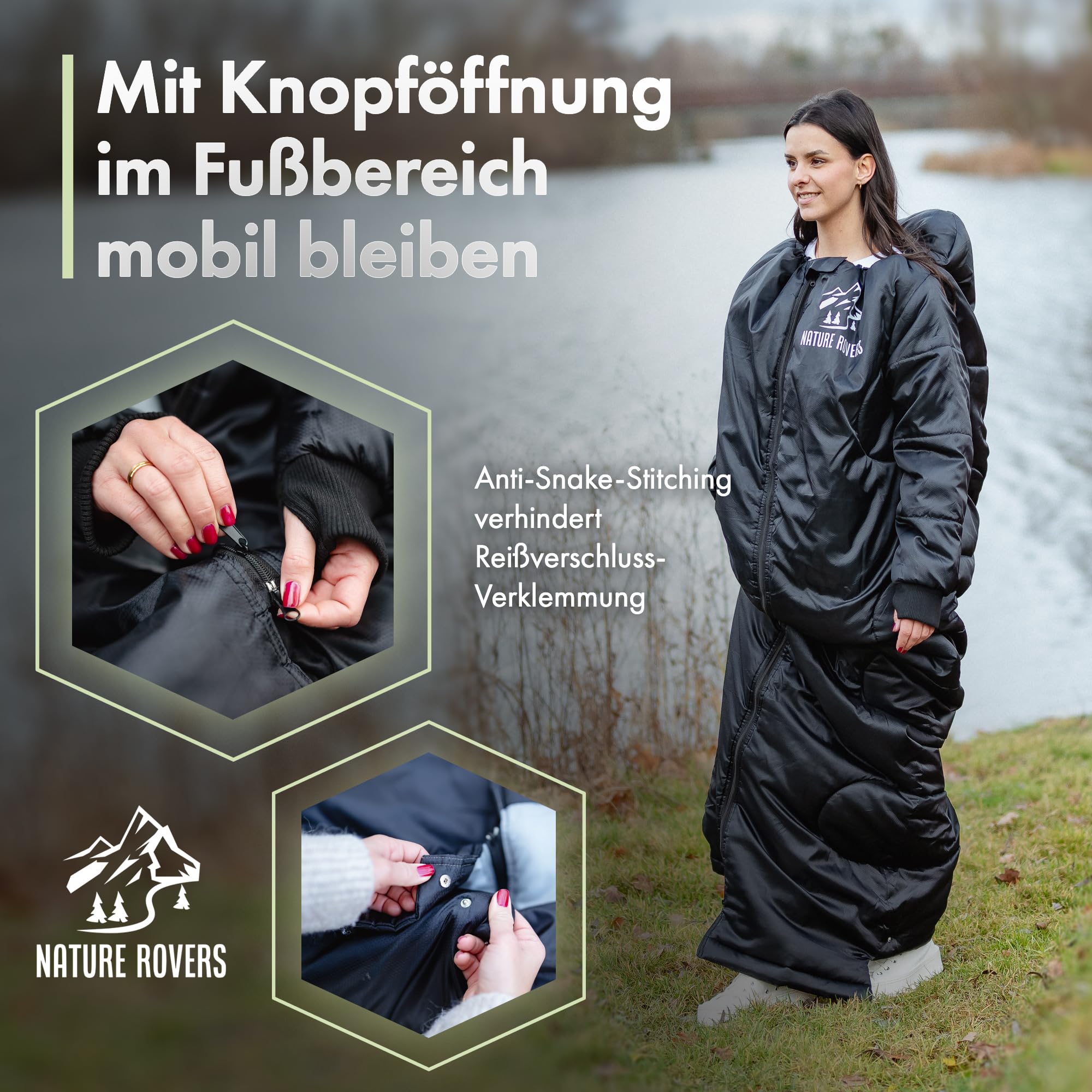 Schlafsack [mit Ärmeln] – Schlafsäcke für Erwachsene, Outdoor & Camping [3 Jahreszeiten] Deckenschlafsack mit Öffnungen an den Füßen | 220x80cm, wasserabweisend | Inkl. Kissen | Nature Rovers