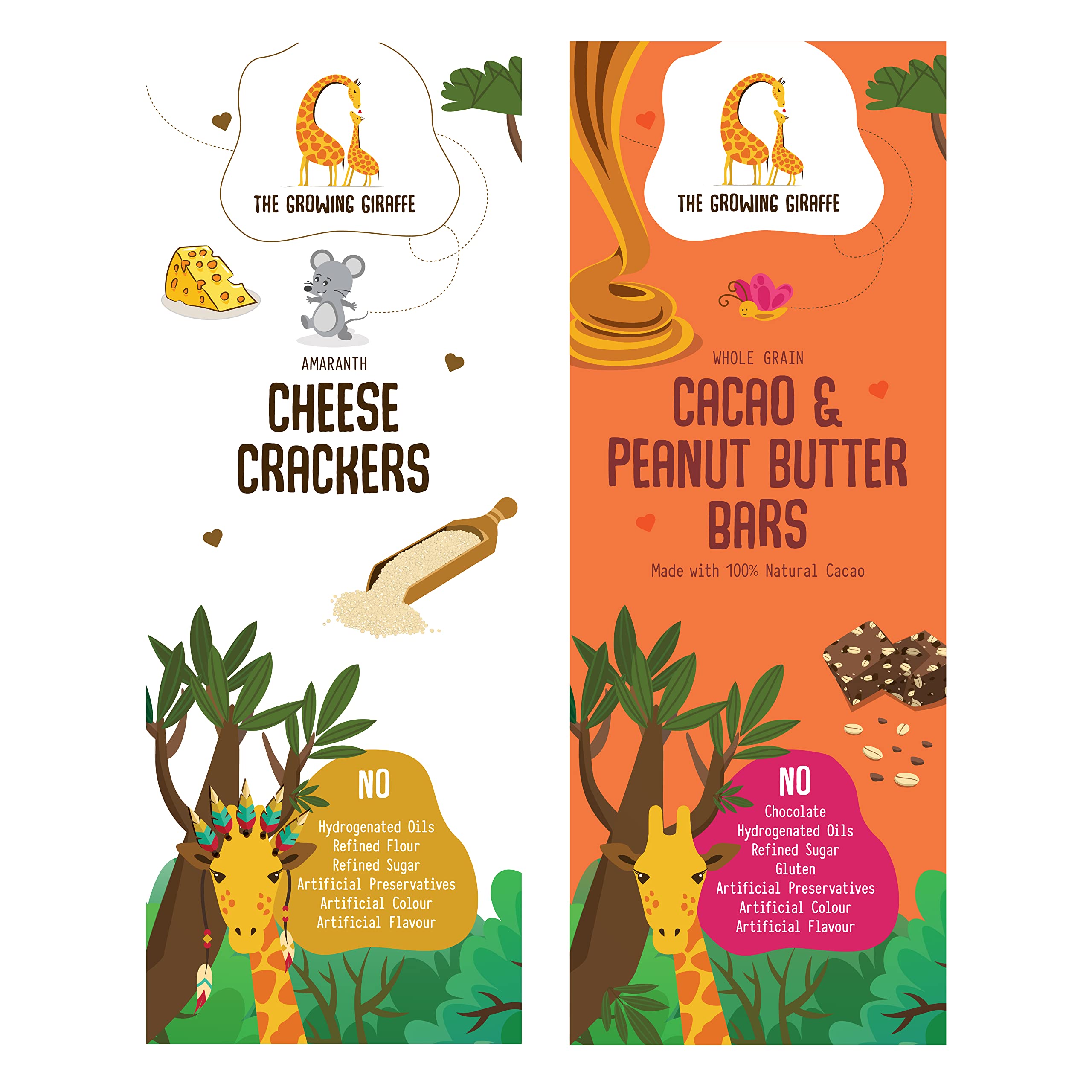 The Growing Giraffe Cheese Crackers (60 G) & Peanut Butter & Cacao (160 G) - A Healthy, Nutritional & Tasty Snack for Kids & Adults