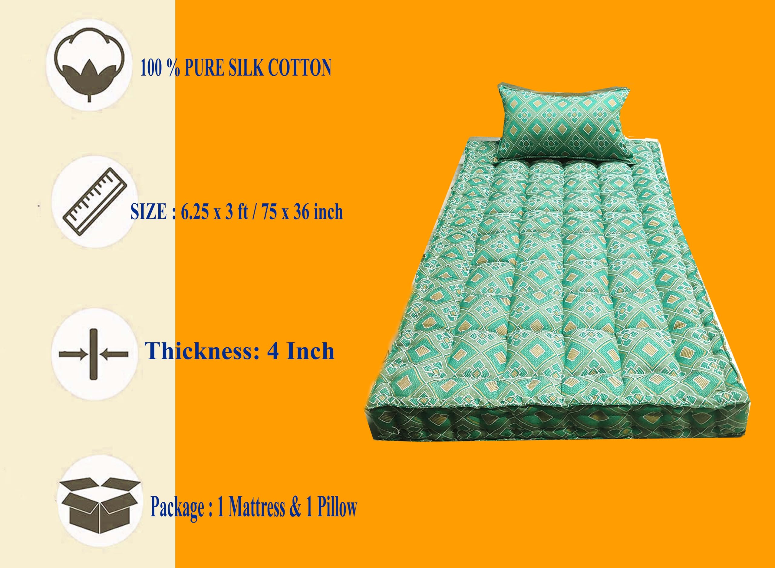 Flamo Mattress Organic Kapok Silk Cotton Ilavam Panju Single Cot Bed Mattress Size : 6.25 x 3 ft / 75 x 36 x 4 inch,Multicolour. 1
