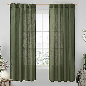LAMIT Light Filtering Linen Curtains 72 inches Long for Bedroom, Linen Textured Semi Sheer Back Tab and Rod Pocket Boho Drapes for Small Window/Living Room, Olive Green, 2 Panels, 34 x 72 Inch