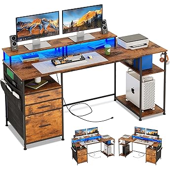 Furologee Computer Desk and Bookshelf Set, 61" Desk with Power Outlet and USB Ports, 5 Tier Narrow Tall Bookshelf, Gaming Desk with Drawer and Monitor Stand, Rustic Bookcase Standing Shelves Unit