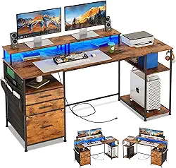 Mesa de computador com 3 gavetas de arquivo, mesa de jogos reversível de 140 cm com luzes LED e tomadas, mesa de escritório com prateleiras de armazenamento para casa e escritório (marrom