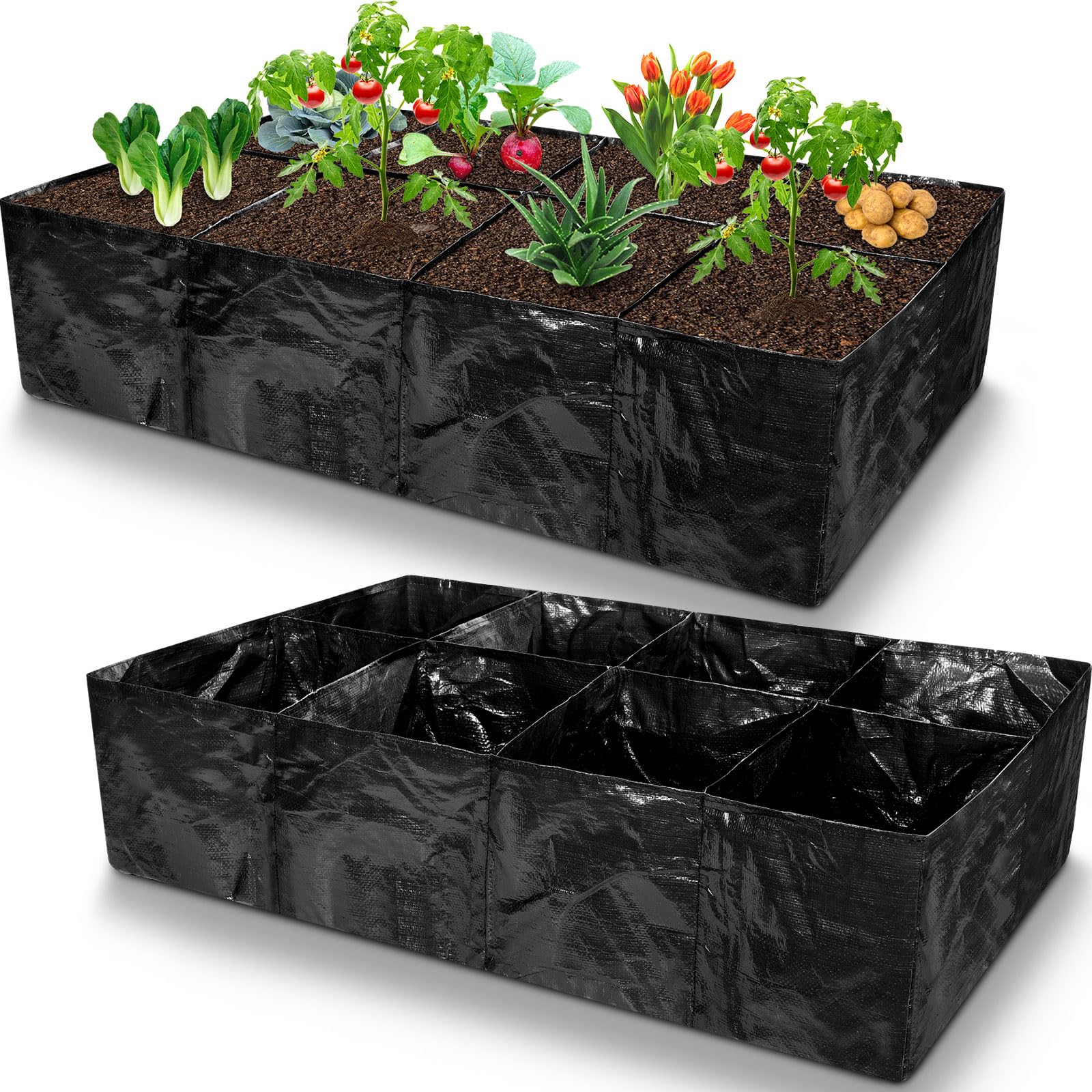 Irenare2 Pcs 35 Gallon Fabric Raised Garden Beds Planters PE Planting Bed with 8 Divided Grids Rectangle Garden Beds Outdoor Flower Bed with 8 Drainage Holes for Vegetables Fruits Flowers(Black)