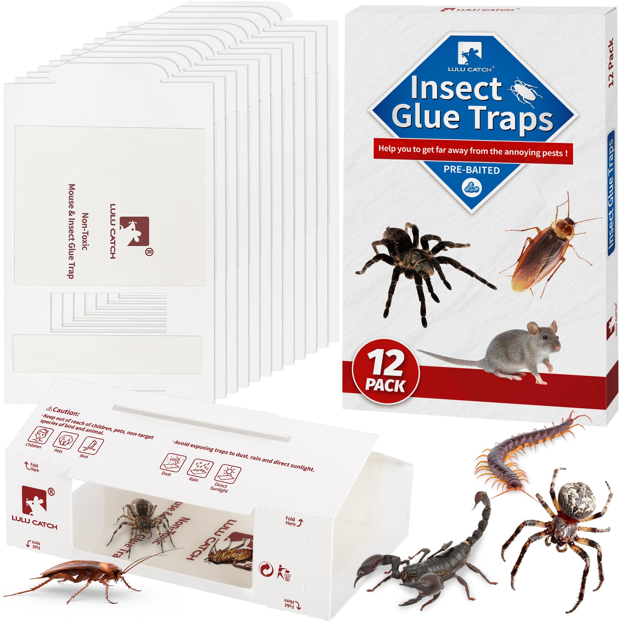LULUCATCH Mouse Traps, 12 Pack Pre-Baited Sticky Mouse Traps Indoor for Home, Non-Toxic Bulk Sticky Pads, Glue Traps for Rats, Bugs, Spider, Mice, Cockroach, Pet Safe Pest Control