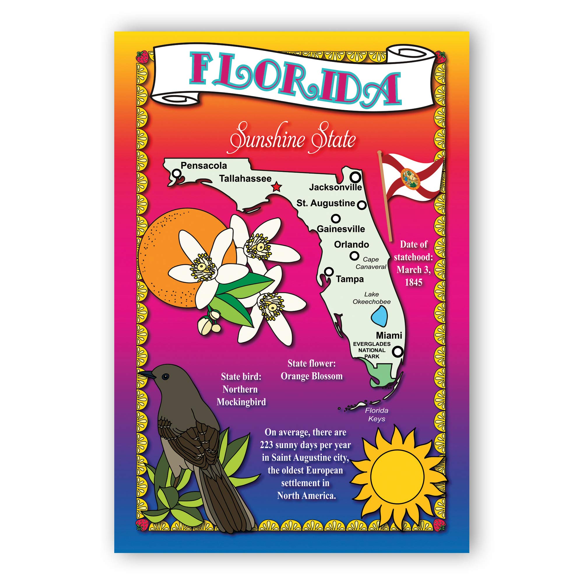 FLORIDA STATE MAP postcard set of 20 identical postcards. Post cards with FL map and state symbols. Made in USA.