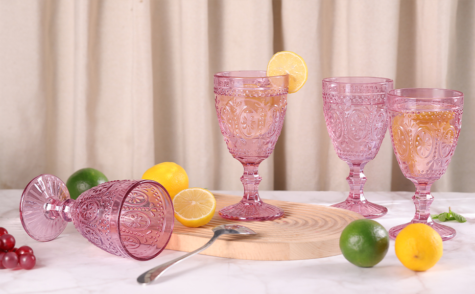 Ysnn Pink Wine Glasses Set Of 6 Goblets 10 Oz Drinking Glass Cups With Embossed Pattern Vintage Beverage Glassware For Party Wedding Baby Shower Holidays Anniversary Bar - View #11