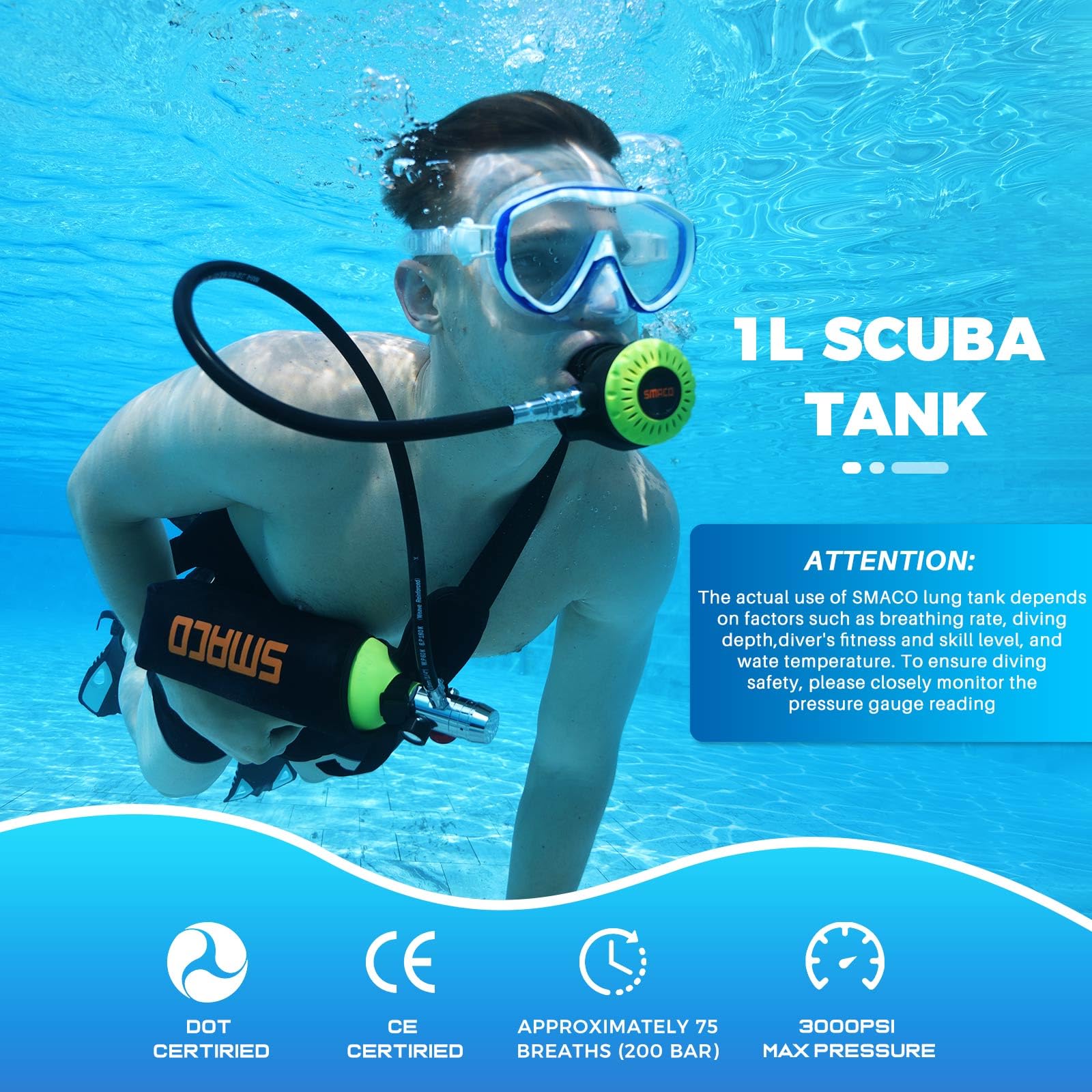 SMACO Botella de Buceo Equipo de Respiración Subacuática Botella de Buceo 1L de Buceo Cilindro de Oxígeno de BuceoComo Fuente de Gas de Respaldo/Rescate de Emergencia Serie S400
