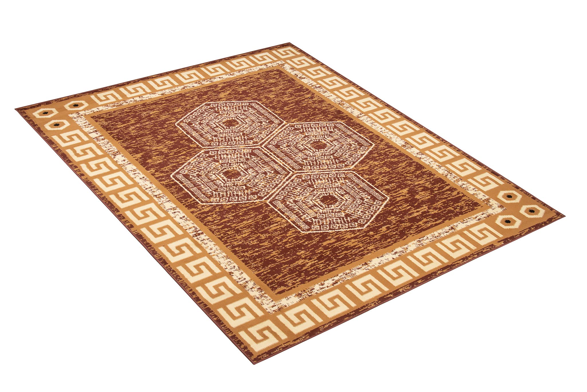 TAPISO Atena Tapis de Salon Chambre Ado Design Moderne Marron Sable Motif Grec Bordé Doux Fin Poil Court 140 x 200 cm