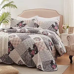 King Size Quilt Set 3 Pieces Lightweight Reversible Bedspread-98''x106'' Soft Patchwork Floral Coverlet Luxurious Warm Microfiber Bed Cover All Seasons Gray Bedding Set(1 Quilt,2 Pillow Shams)