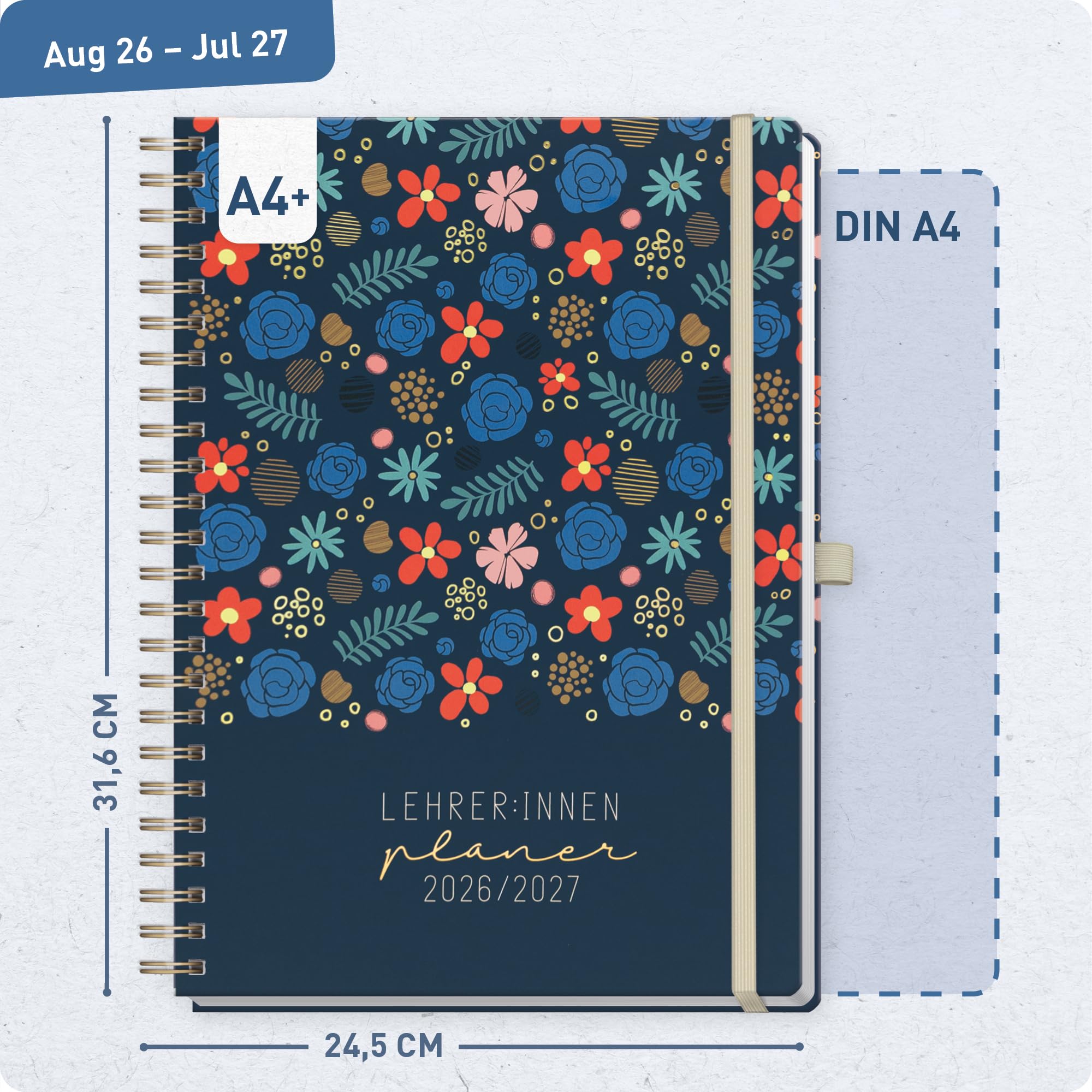 Häfft® Lehrerplaner 2026/2027 A4+ Deluxe – Großer Lehrerkalender & Schulplaner 26/27 mit Hardcover & Spiralbindung "Flowers & Leaves" – Für Grundschule, weiterführende Schulen & Referendariat