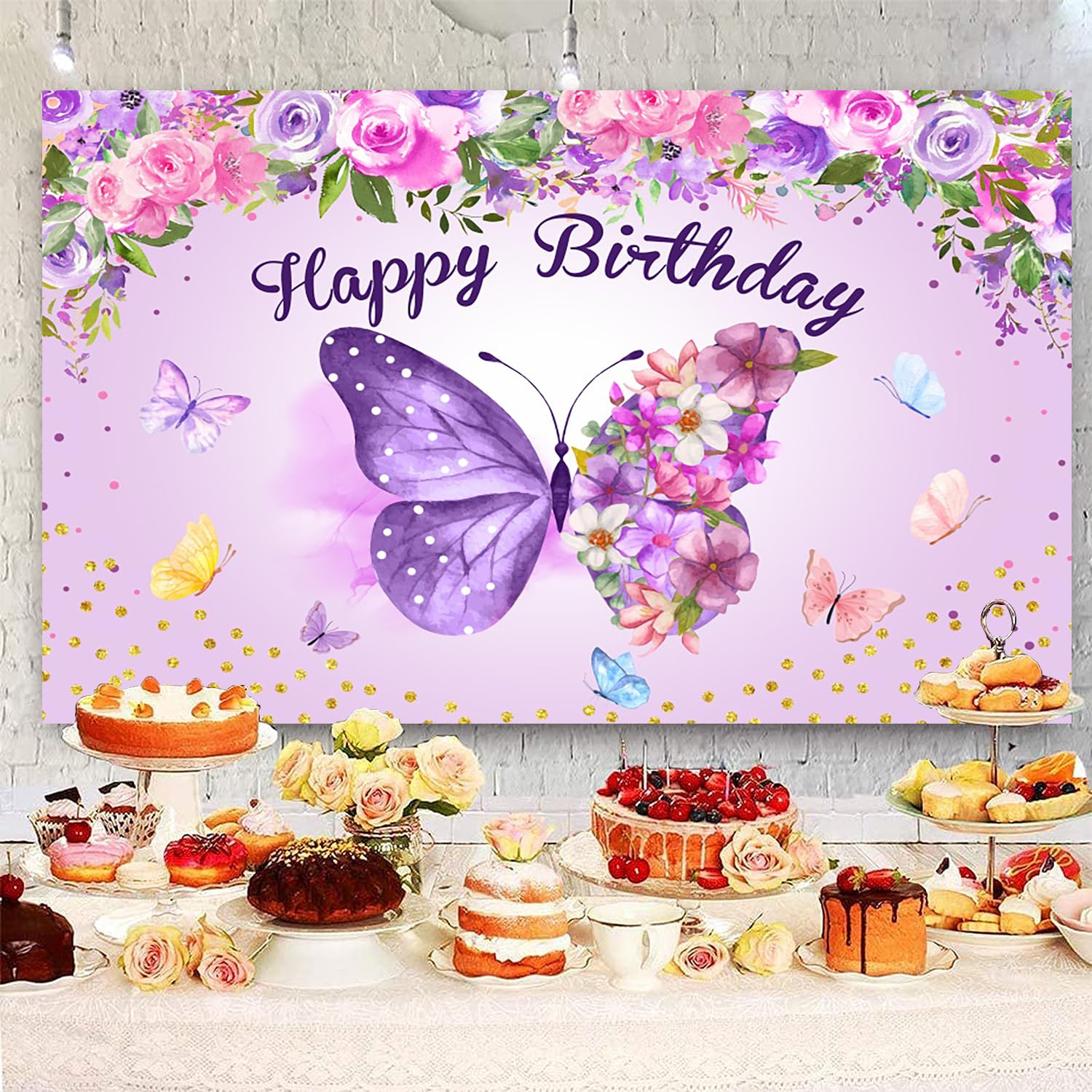 2,4 x 1,8 m Farfalla Buon Compleanno Sfondo Viola Farfalla Fiori Fotografia Sfondo per Ragazze Donne Festa di Compleanno Torta Tavolo Banner Decorazioni Forniture Photo Booth Puntelli