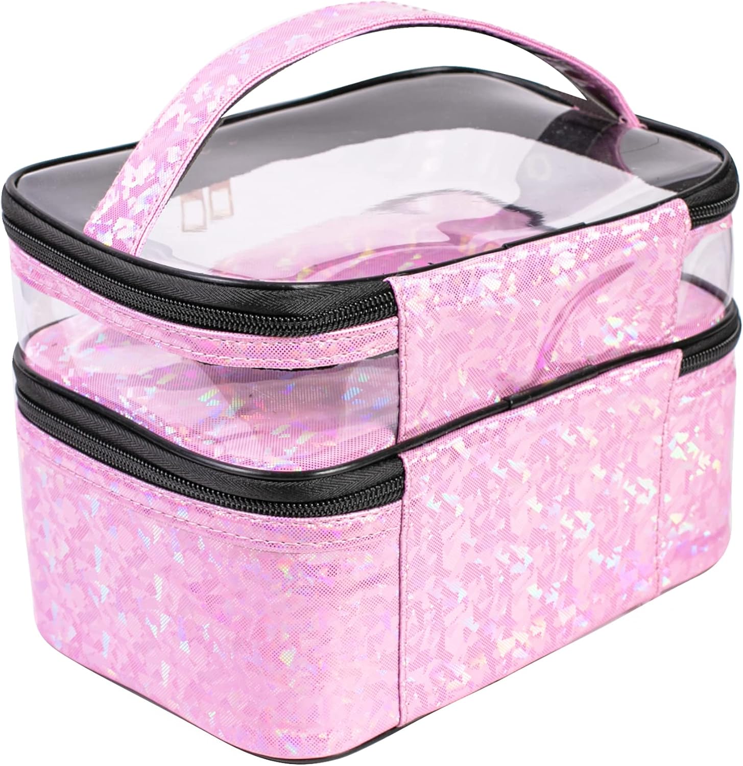 FITINI Makeup Bags Double Layer Travel Storage Cosmetic Cases Make-up Organizer Toiletry Bags Water-resistant for Women Makeup Brush Bag,Light Pink Holographic - Image 5