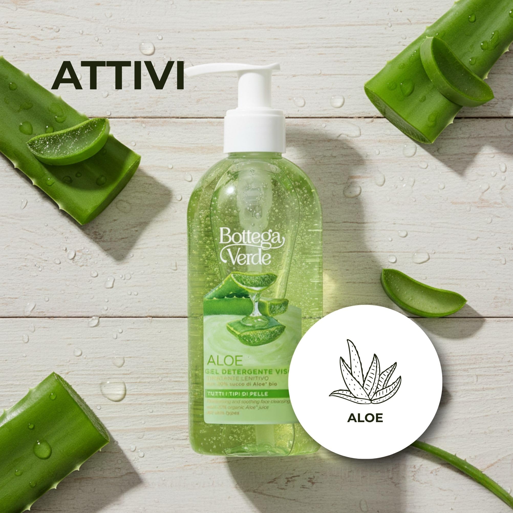Bottega Verde - Aloe, Gel Detergente Viso, 200 ml, Idratante e Lenitivo con 20% di Succo di Aloe Bio, Detersione Delicata per Tutti i Tipi di Pelle, Formula Fresca e Naturale