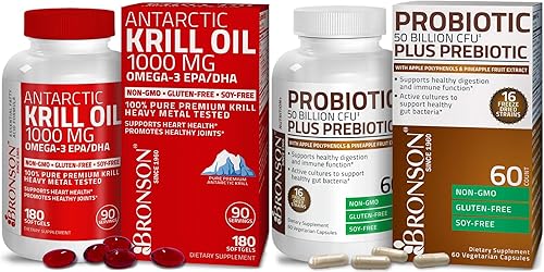 Bronson Probiótico 50 mil millones de UFC + prebiótico con polifenoles de manzana y extracto de fruta de piña, aceite de krill antártico 1000 mg con