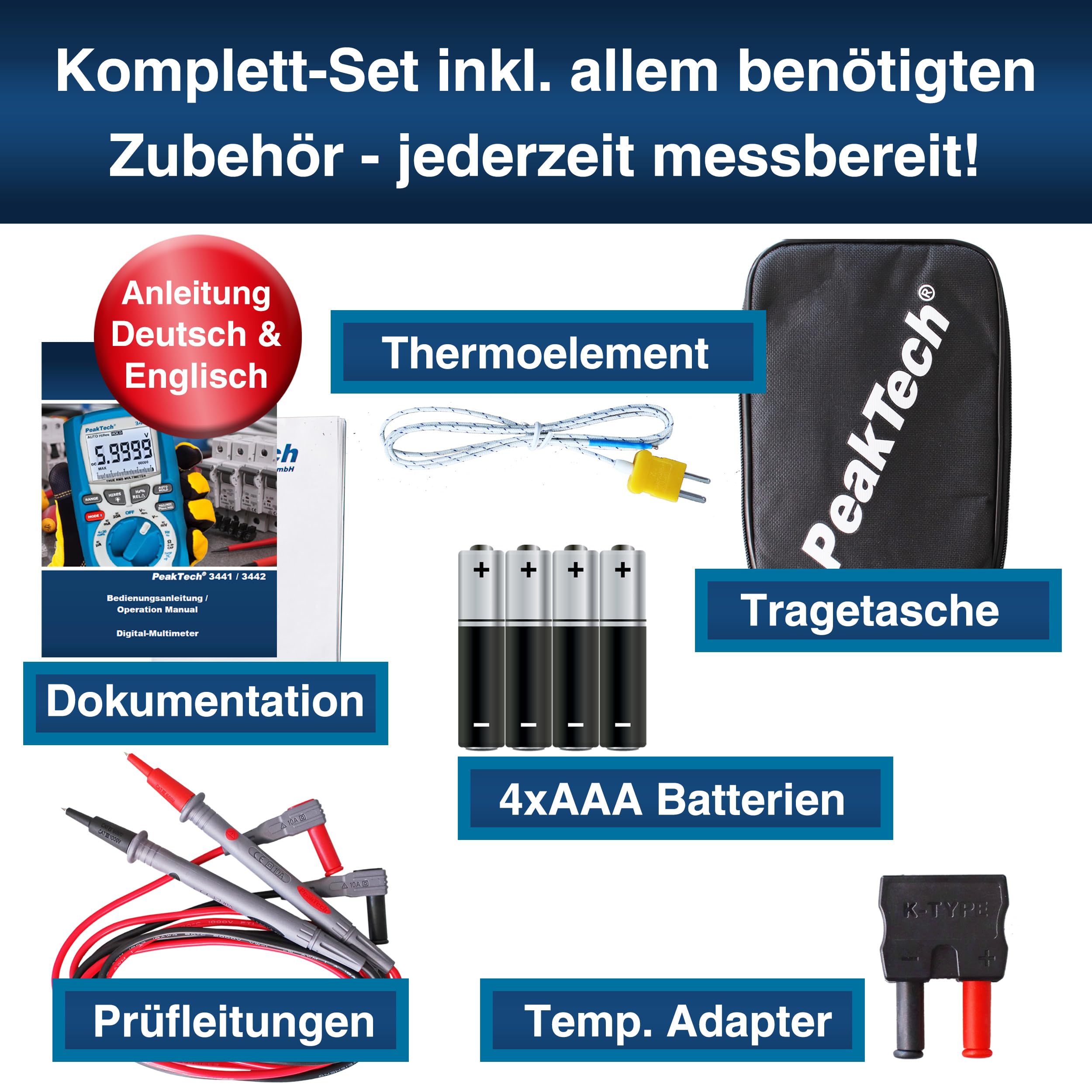 PeakTech P 3441 – True RMS Multimeter Digital für Elektriker mit 60000 Counts, Profi-Handmultimeter für elektrische Leitungen,TÜV/GS,Durchgangsprüfer,Voltmeter,Strommessgerät - CAT III 1000 V,Blau