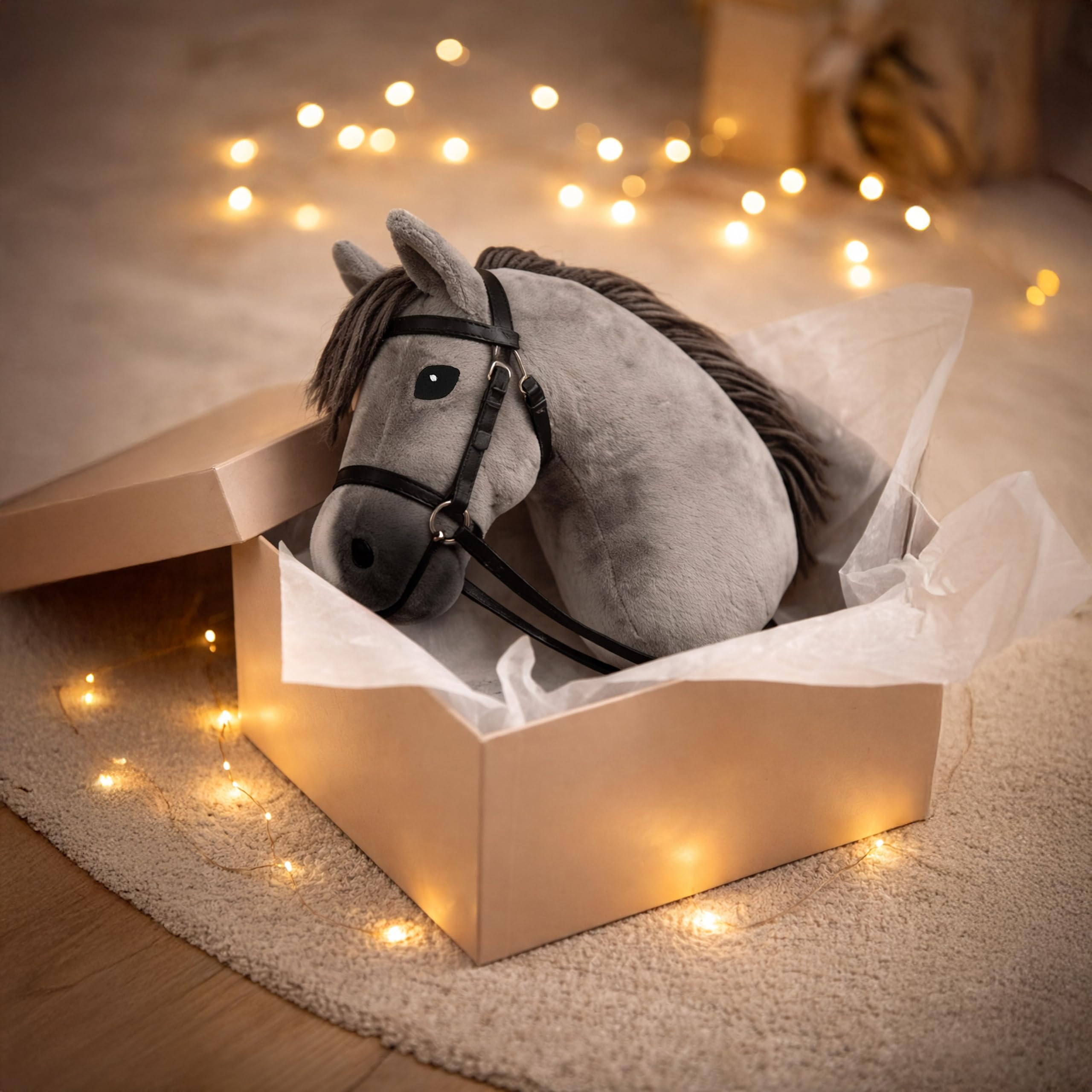 CELMAN Hobby Horse Caballo de Palo Gris con Brida y Riendas – Cabeza Tamaño A3 – Juguete Realista de Peluche con Palo de Madera – Diversión y Equitación para Niños