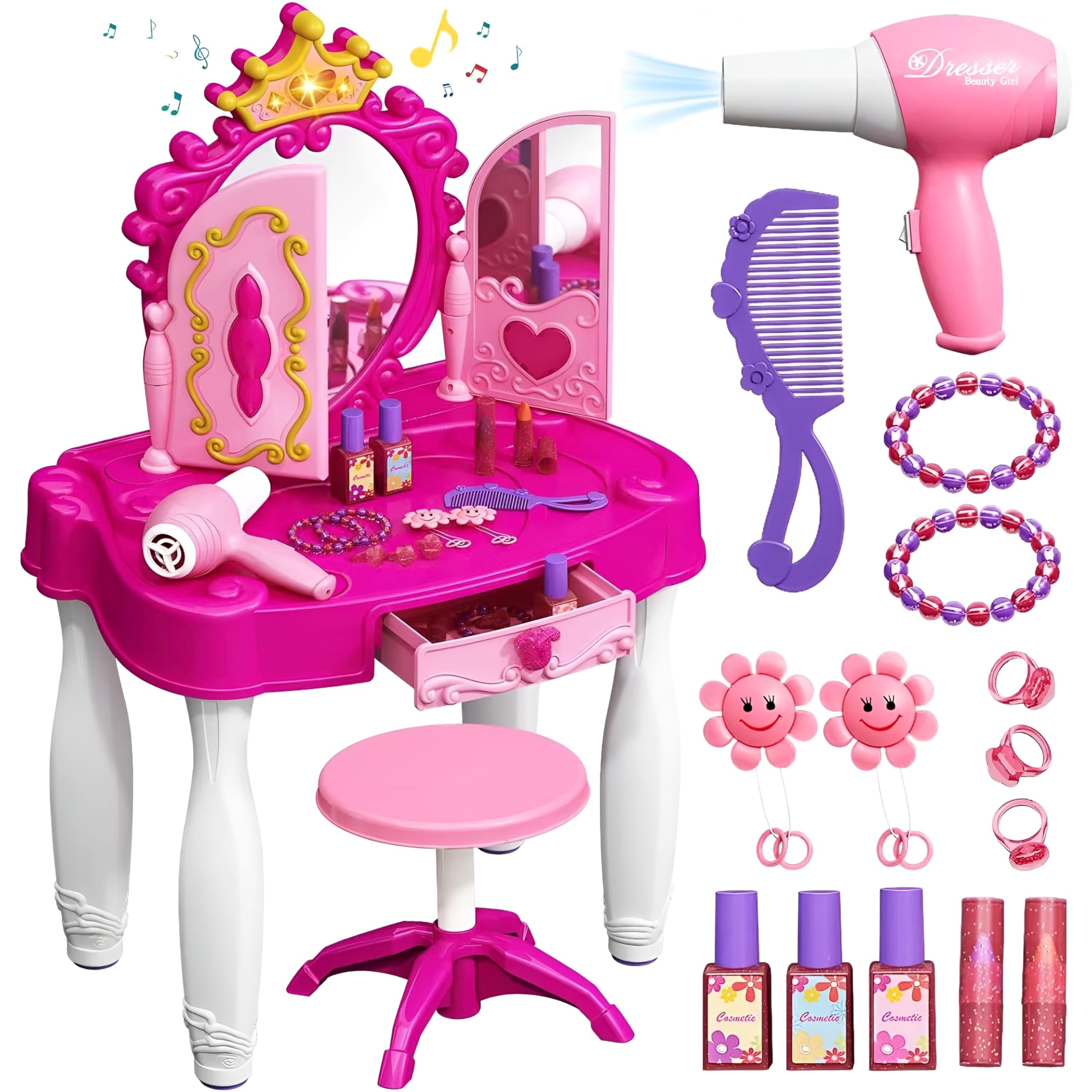 RLS Kids Vanity Table & Chair Set Toy- Princess Glamour Makeup Dresser with Triple Mirror, Working Toy Hair Dryer & Fashion Accessories – Pretend Play Beauty Set for Girls Ages 3+