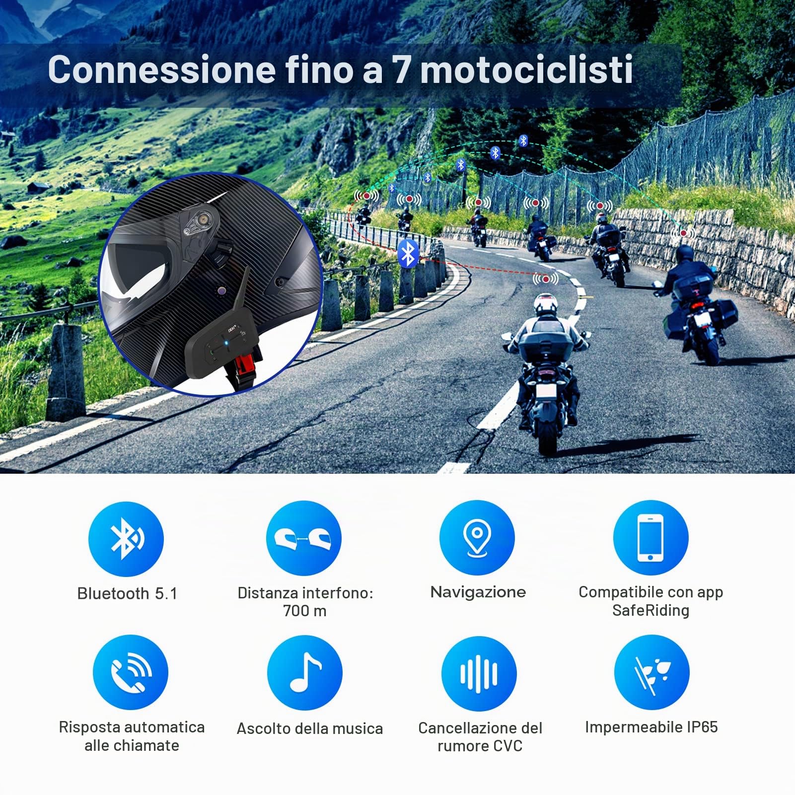 EJEAS V7 Interfono Moto Bluetooth Coppia Auricolare Bluetooth Per Casco fino a 7 Motociclisti, Sistema di Comunicazione Motocicli con Cancellazione del Rumore per Moto/ATV/Moto Da Cross