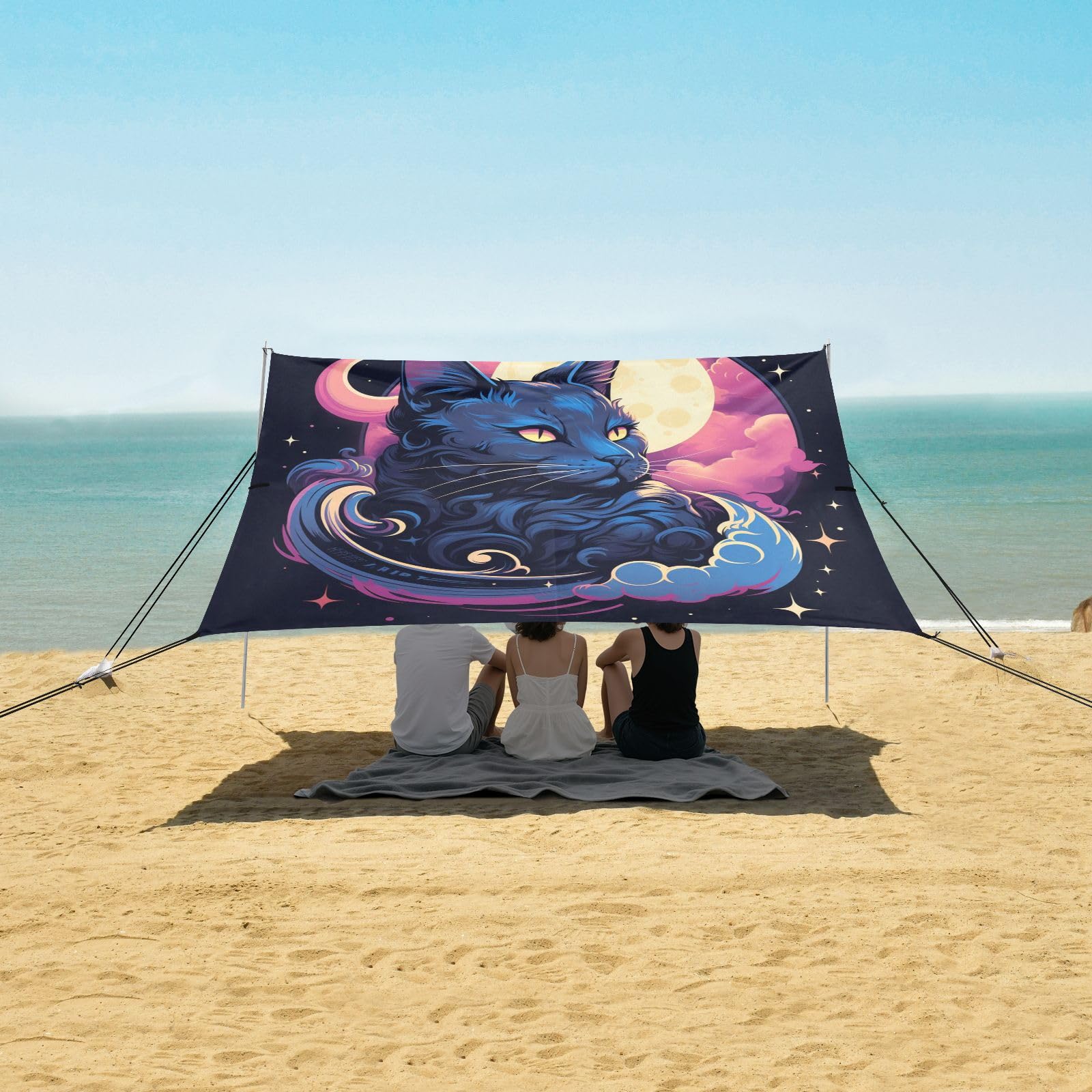 Kunstwerk Katze Mond Strandzelt Sonnenschutz Camping-Vordach,Einfach Aufzubauen,Tragbar mit Sandsäcken für Angeln und Picknick im Freien