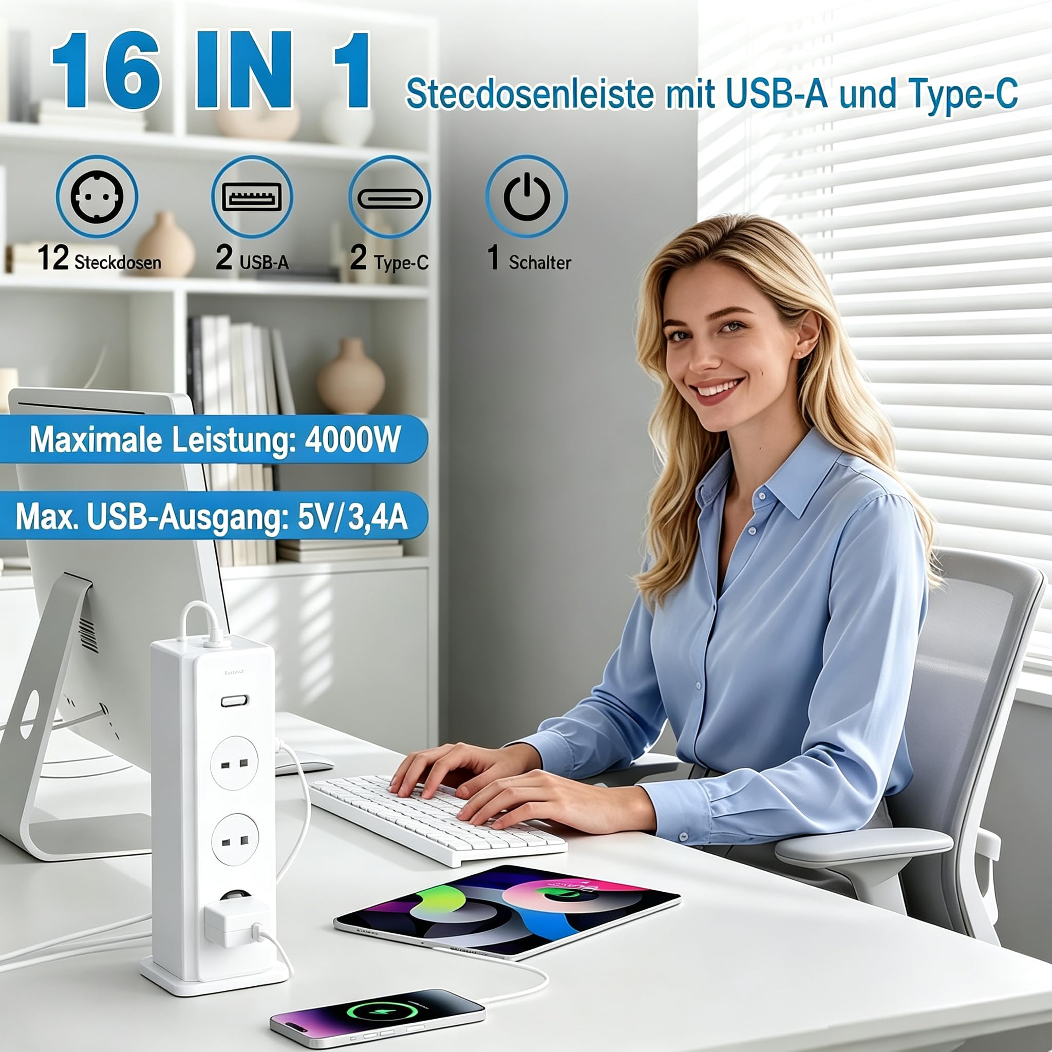 12 Fach Mehrfachsteckdose mit 2 USB-C und 2 USB-A Mehrfachstecker