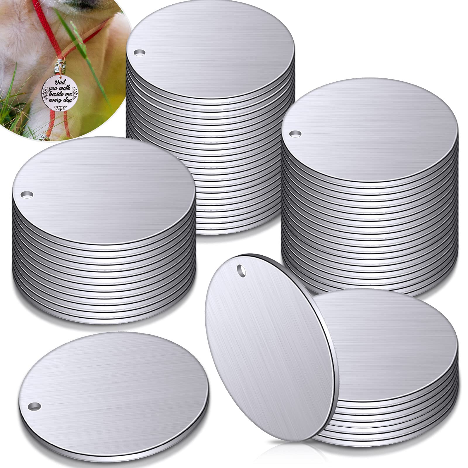 Hotop 50 Pieces 2 in Round Metal Stamping Blanks Aluminum Stamping Tags Flat Circle Blank Stamping Charms 0.06 in/14 Gauge Thick DIY Blank Stamping Tag Pendants with Hole for Jewelry Making,Silver