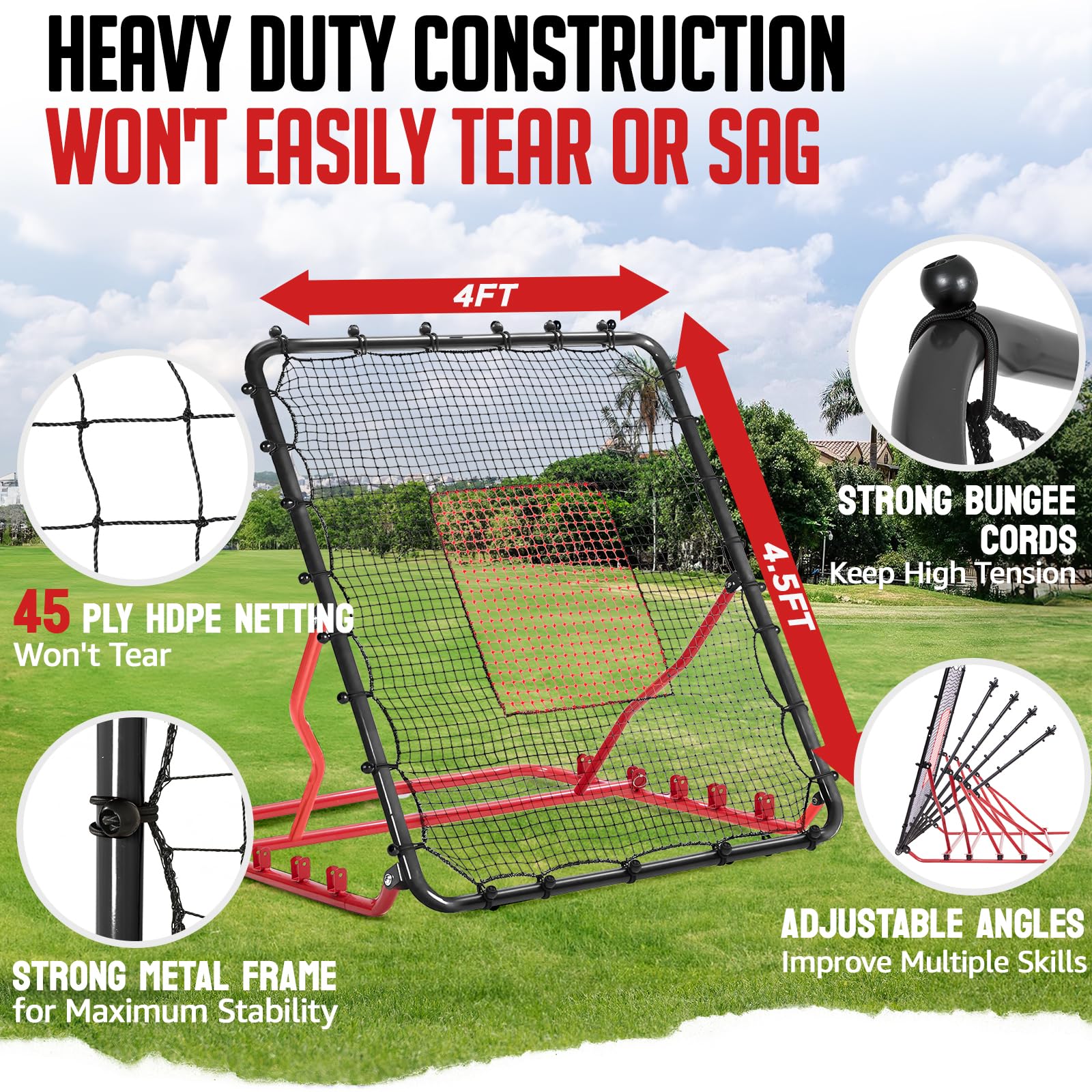 ZEALFEEL Baseball Rebounder Net, 4 x 4.5 ft, 5 Adjustable Angles