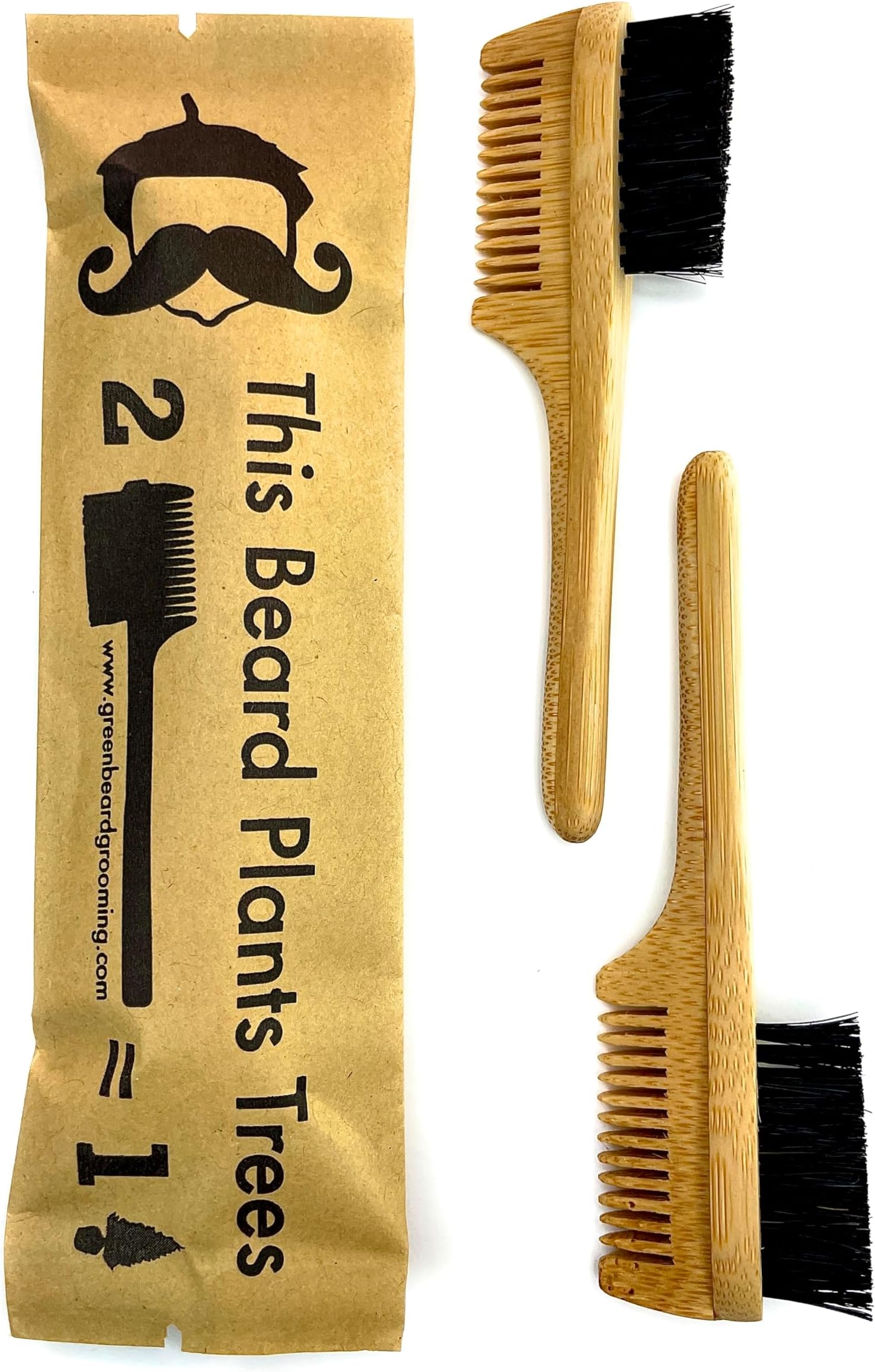 2-in-1 Sapling Split-leaf Mustache Brush & Comb (2-Pack) from Green Beard Grmng - Boar Bristle & Bamboo