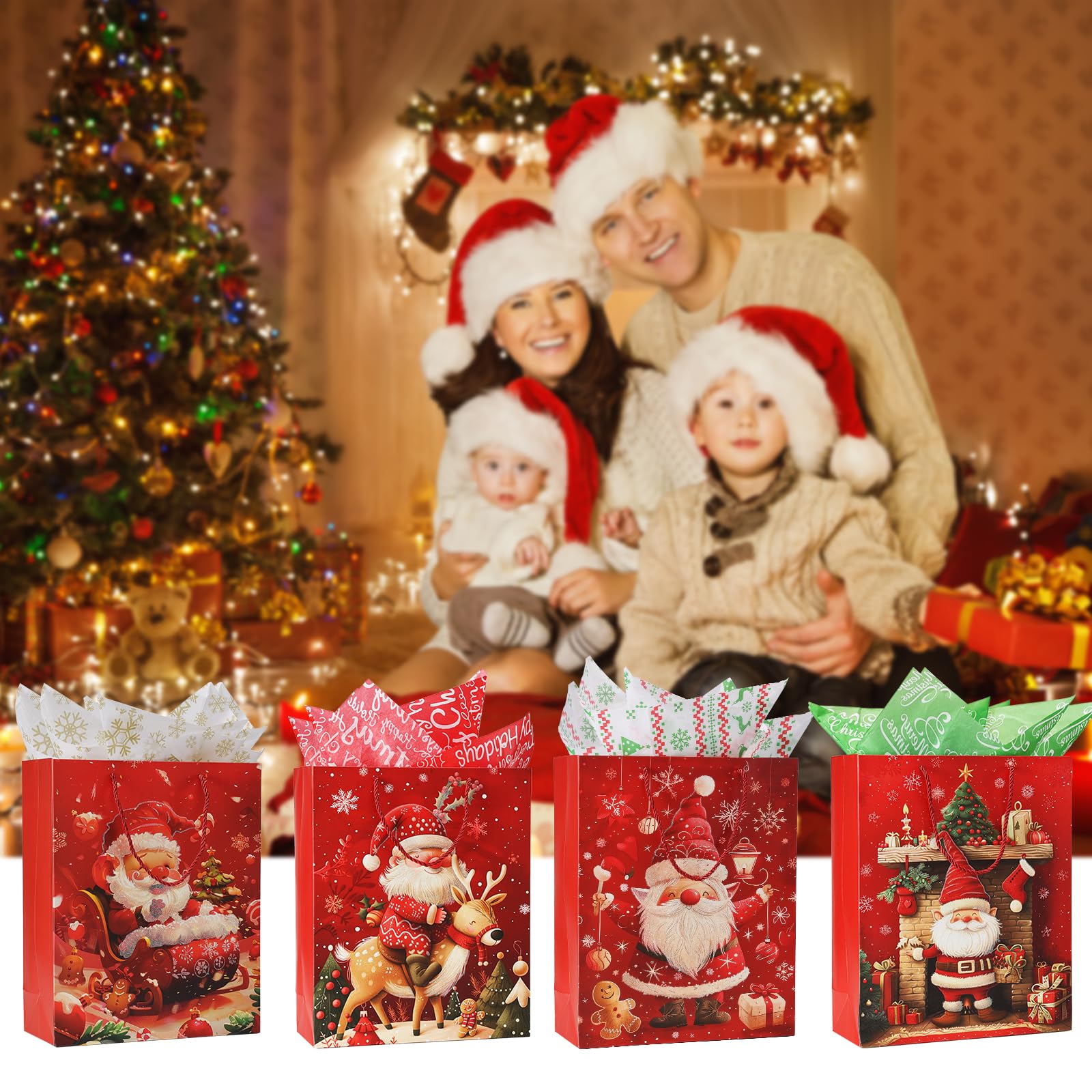 Rusikia 12 Christmas Gift Bags with 12 Tissues and 1 Satin Ribbon, Red Party Favor Bags Bulk with Handles, Glittery Cute Tree Father Christmas Paper Bag for Wrapping Holiday (Large 16"x12"x5")