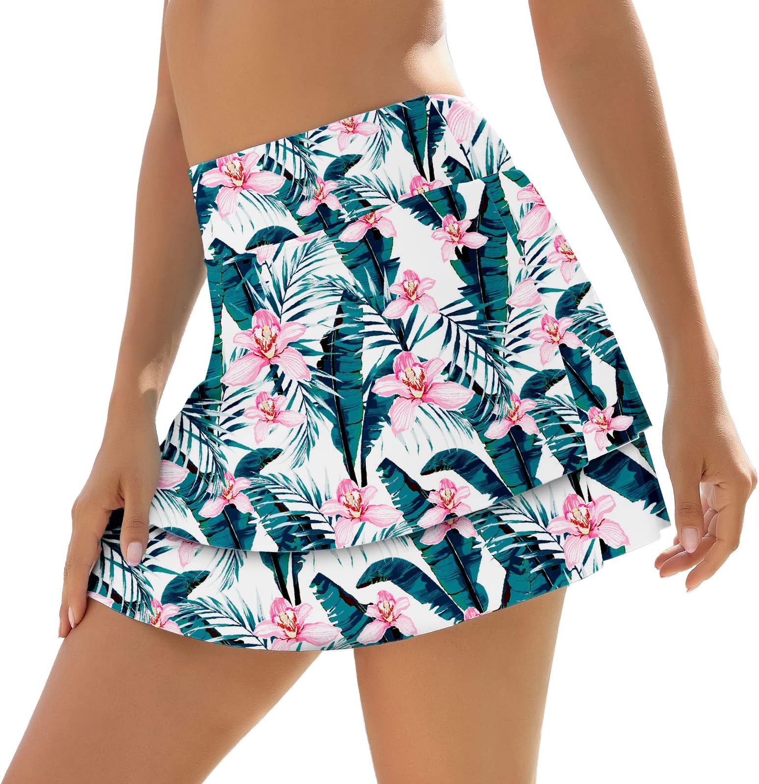 WOWENY Swim Skirt for Women 2 Layered Ruffled Flowy Floral High Waisted Swimsuit Built-in Swim Bikini Bottoms