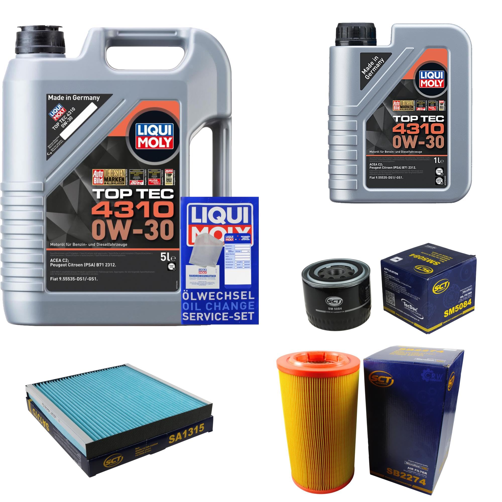 Inspektionspaket enthält 6 Liter Motoröl Top Tec 4310 0W-30 Ölfilter Luftfilter Innenraumfilter kompatibel mit Ducato Kasten 250 290 140 MultiJet 2.3 D 160 120 Multijet 250 290 180 130