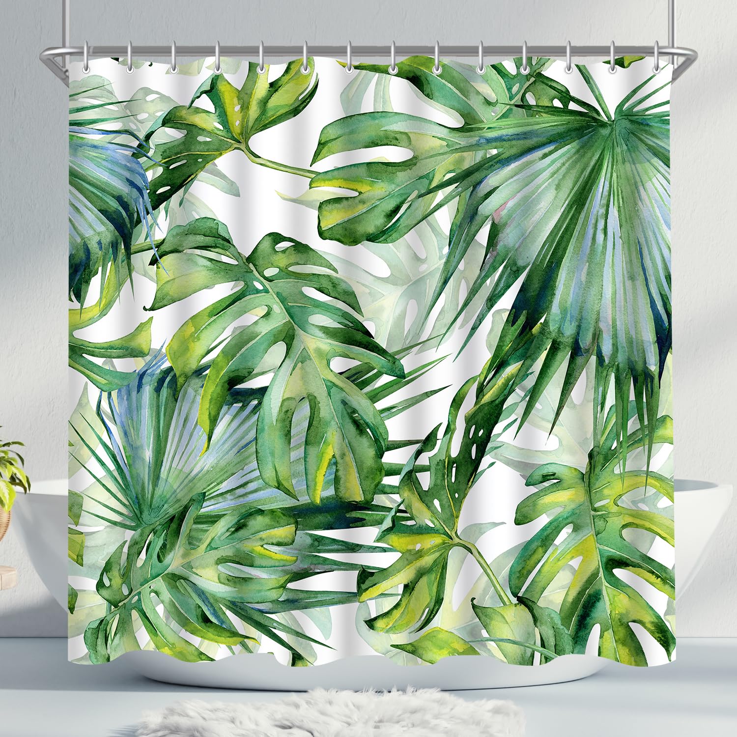 Lerores Shower Curtain, 220 x 200 cm, Green Leaves, Weighted Hem, Anti-Mould Textile, Waterproof, Washable Polyester Fabric Bath Curtains with 14 Eyelets and Shower Curtain Rings for Bathroom, Bathtub