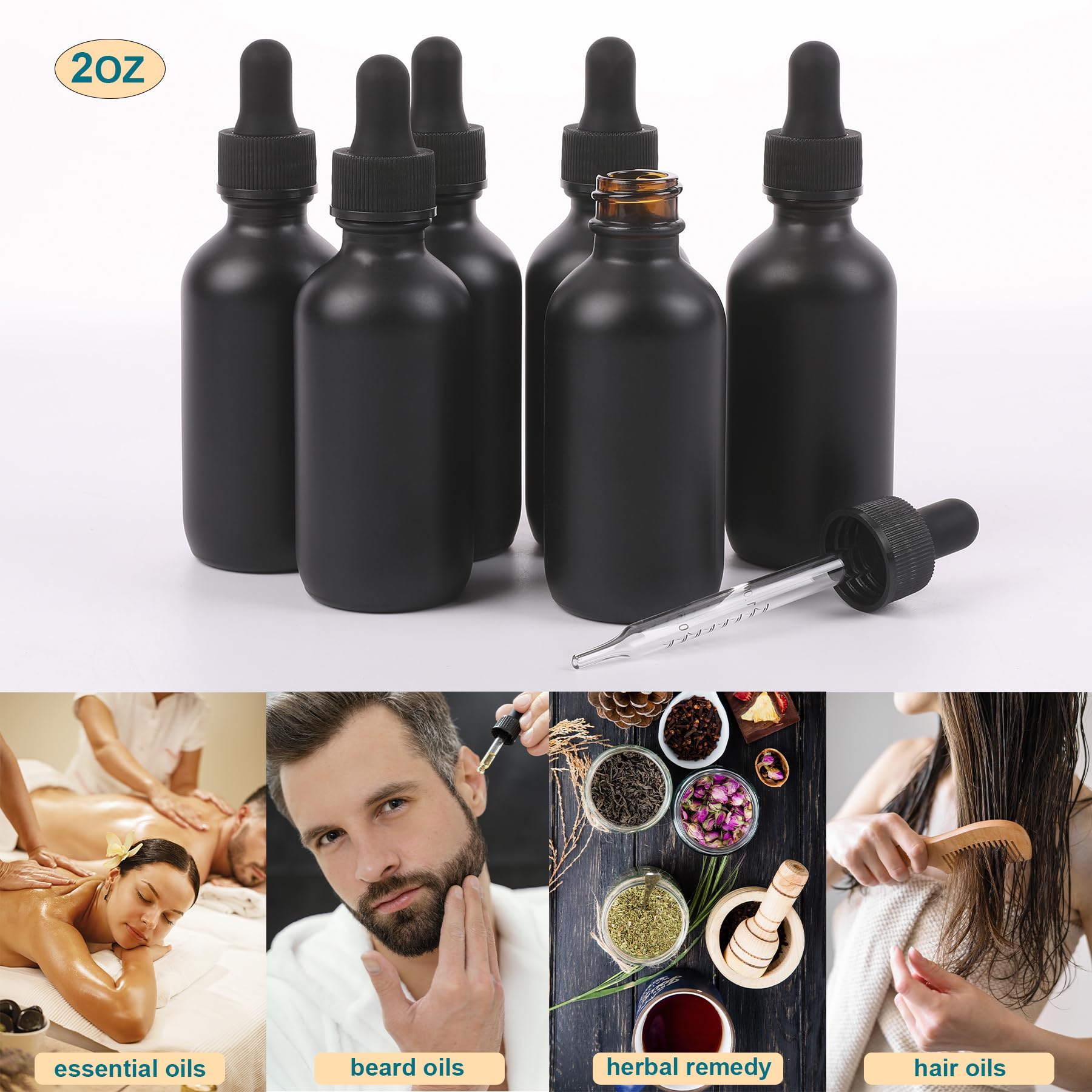 NOOEEISS 57 ml Glas-Tropfflasche, Preety-Tinkturflaschen mit präziser Skala, Augentropfen, auslaufsicheres Design für einfaches Reisen (schwarz-matt, 48 Stück)