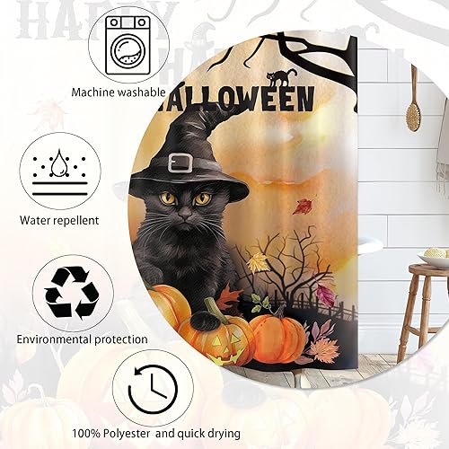 Miniatura 8 de Cortina de ducha divertida de calabaza con gato de Halloween para baño, vacaciones, araña, divertida decoración de bañera