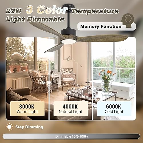 Miniatura 5 de VACILL Ventiladores de techo con luces y control remoto, ventilador de madera ámbar de 52 pulgadas, motor CC reversible silencioso de 6 velocidades,