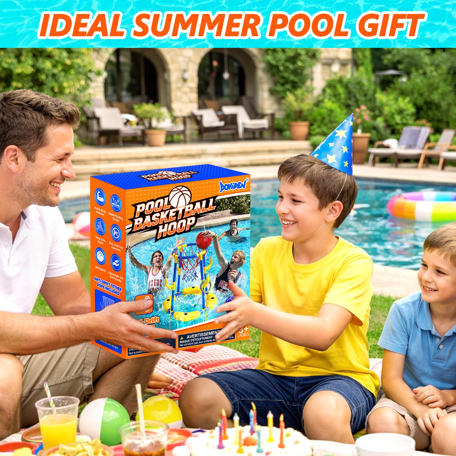 Set di canestro da basket per piscina Doviden _ Canestro da basket galleggiante per piscina con 4 palline da acqua, pompa e anelli, giocattolo da piscina 2-in-1 per adulti per adolescenti/bambini per