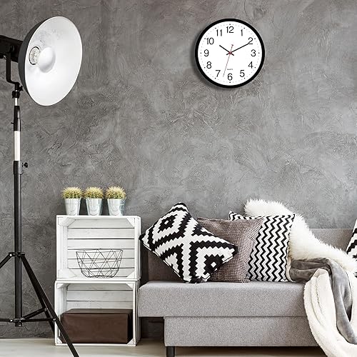 Miniatura 6 de Foxtop Paquete de 2 relojes de pared negros, 12 pulgadas, silencioso, sin tictac, de cuarzo, funciona con pilas, reloj de pared analógico redondo