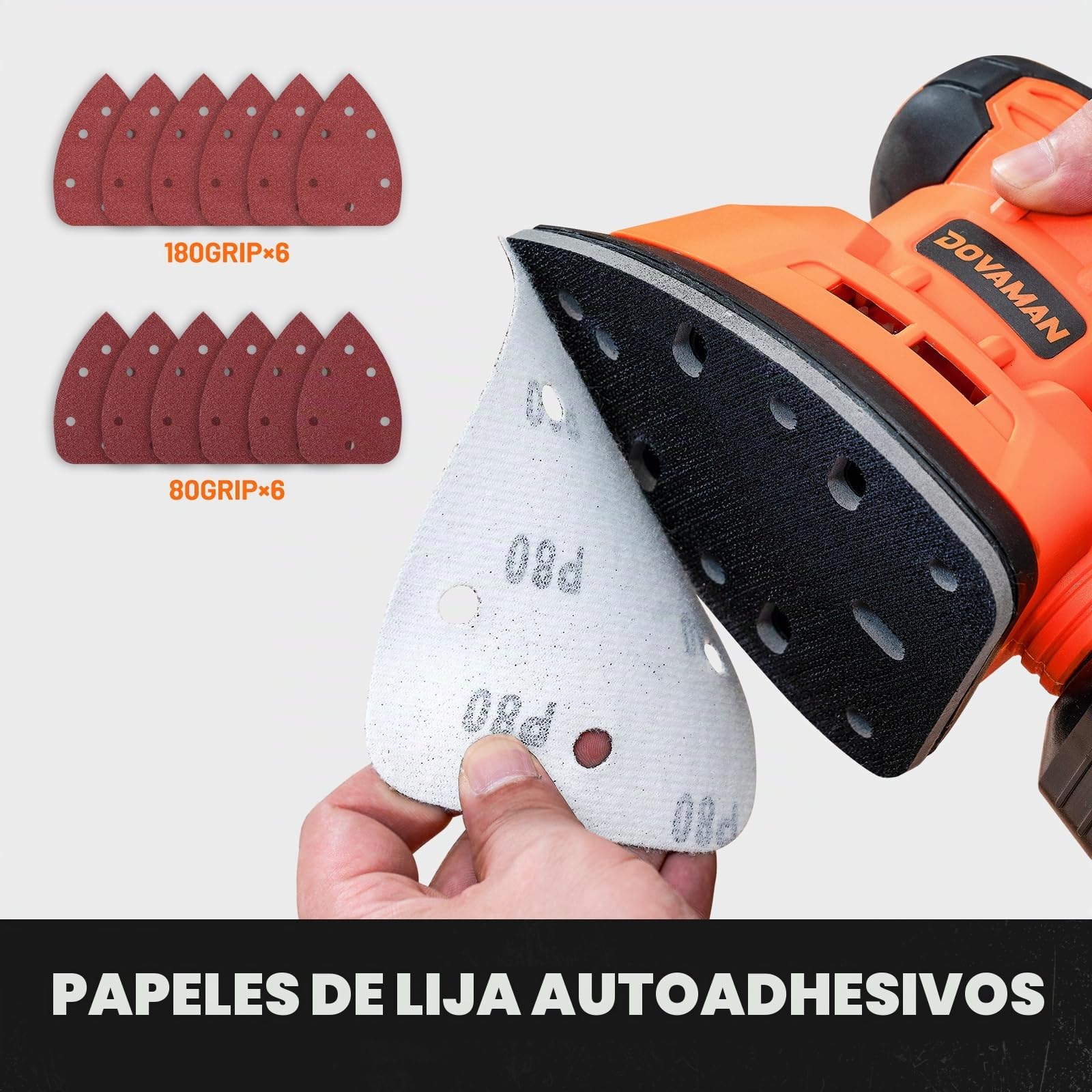 DOVAMAN DLS03A Lijadora Eléctrica de Madera 130W - 12000 RPM Con Colector de Polvo, 12 Piezas de Papel de Lija - Liviana y de Baja Vibración Para Madera y Acero