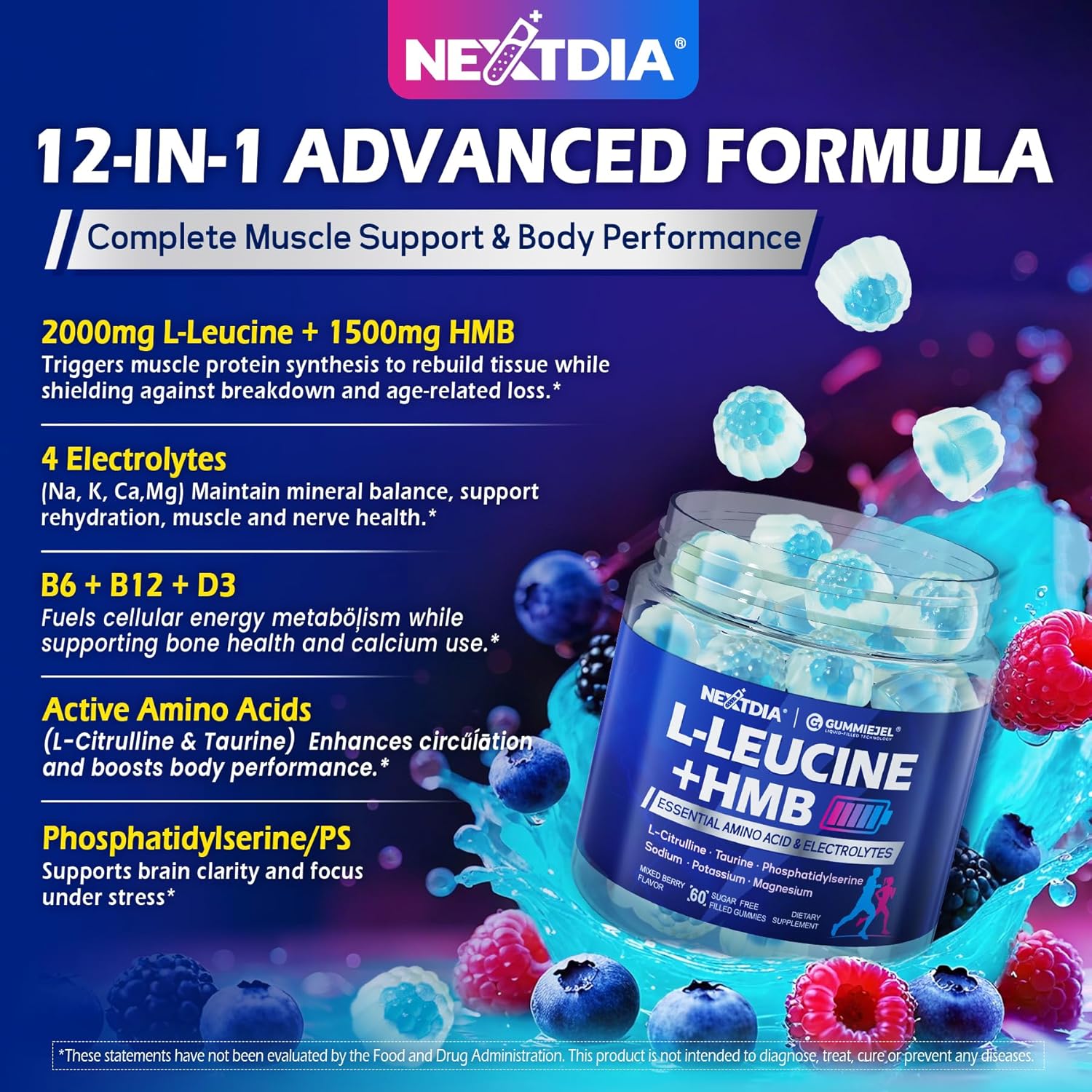 Hmb and L-Leucine Gummies, Pre Work Essential Amino Acids EAA Supplements for Men & Women, w/Branched-Chain Amino (BCAA) & 4 Hydration Electrolytes, Taurine, B12 & D3 for Fast Workout Recovery, 60Cts