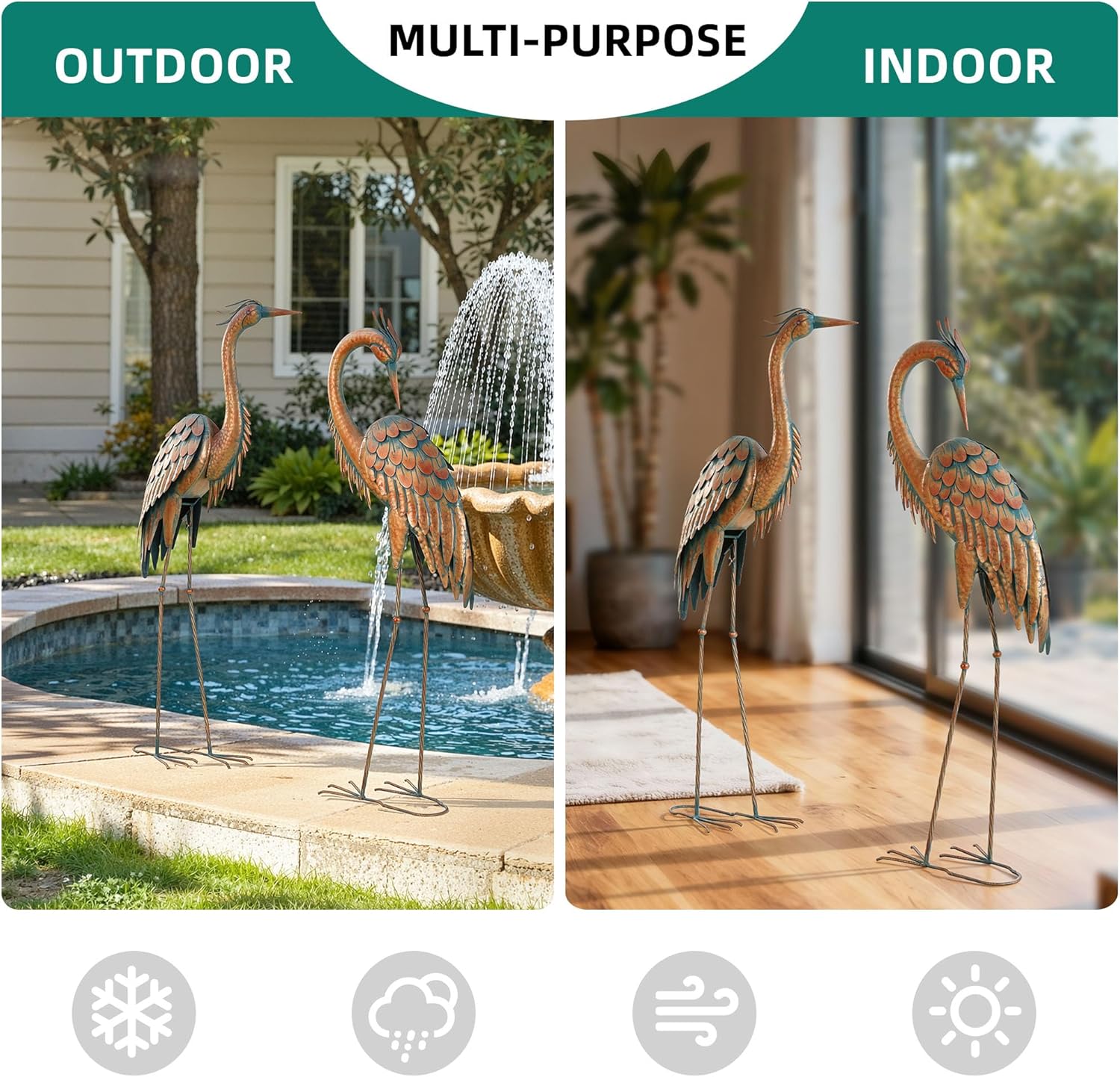 45.3" Tall Extra Large Metal Crane Decor, Handcrafted Distressed Bronze Heron Sculpture with 4-Piece Secure Ground Stakes, Vintage Charm Outdoor Garden Statue Yard Art for Patio & Backyard Decor