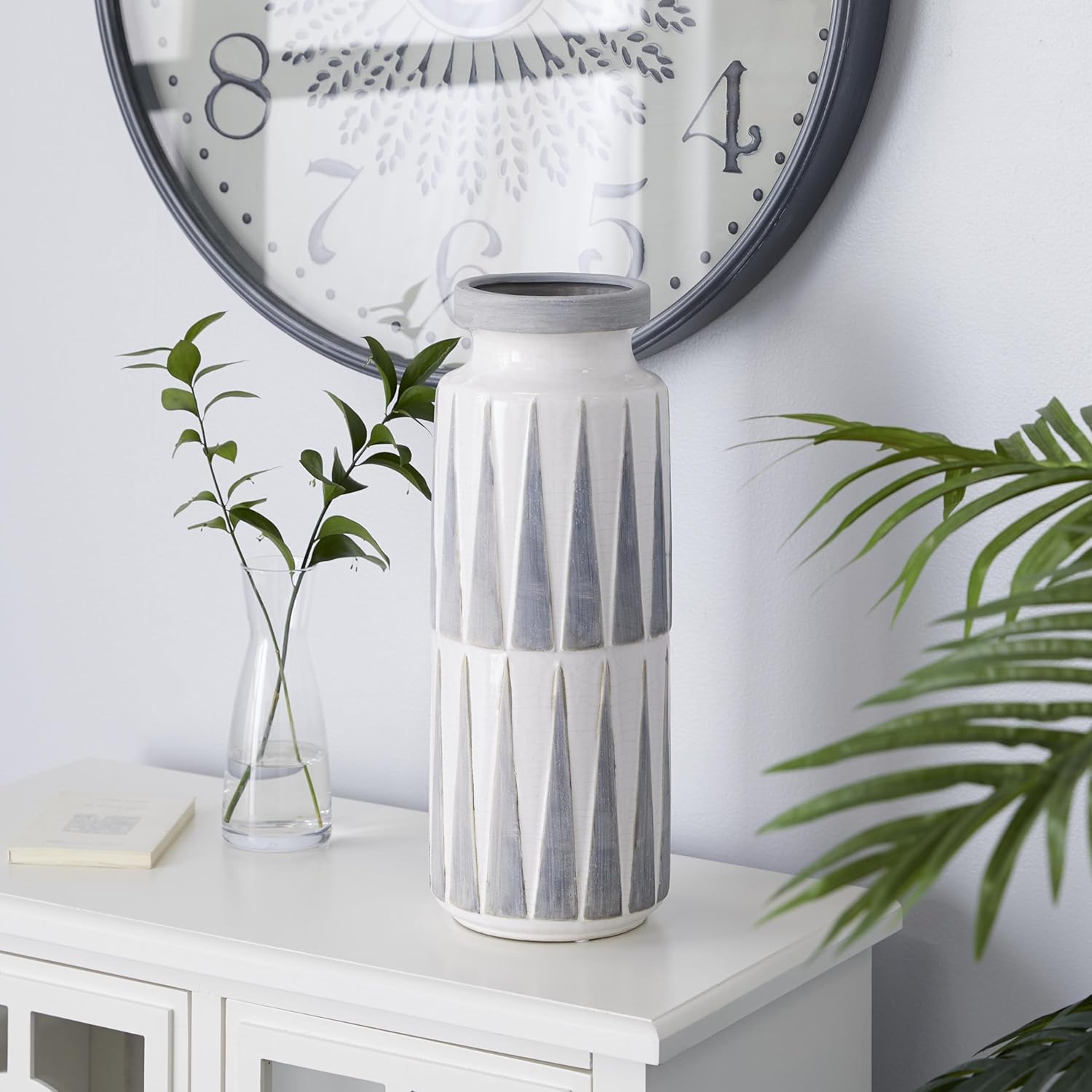 Deco 79 Ceramic Decorative Vase Centerpiece Vase with Triangle Patterns, Flower Vase for Home Decoration 7" x 7" x 17", White