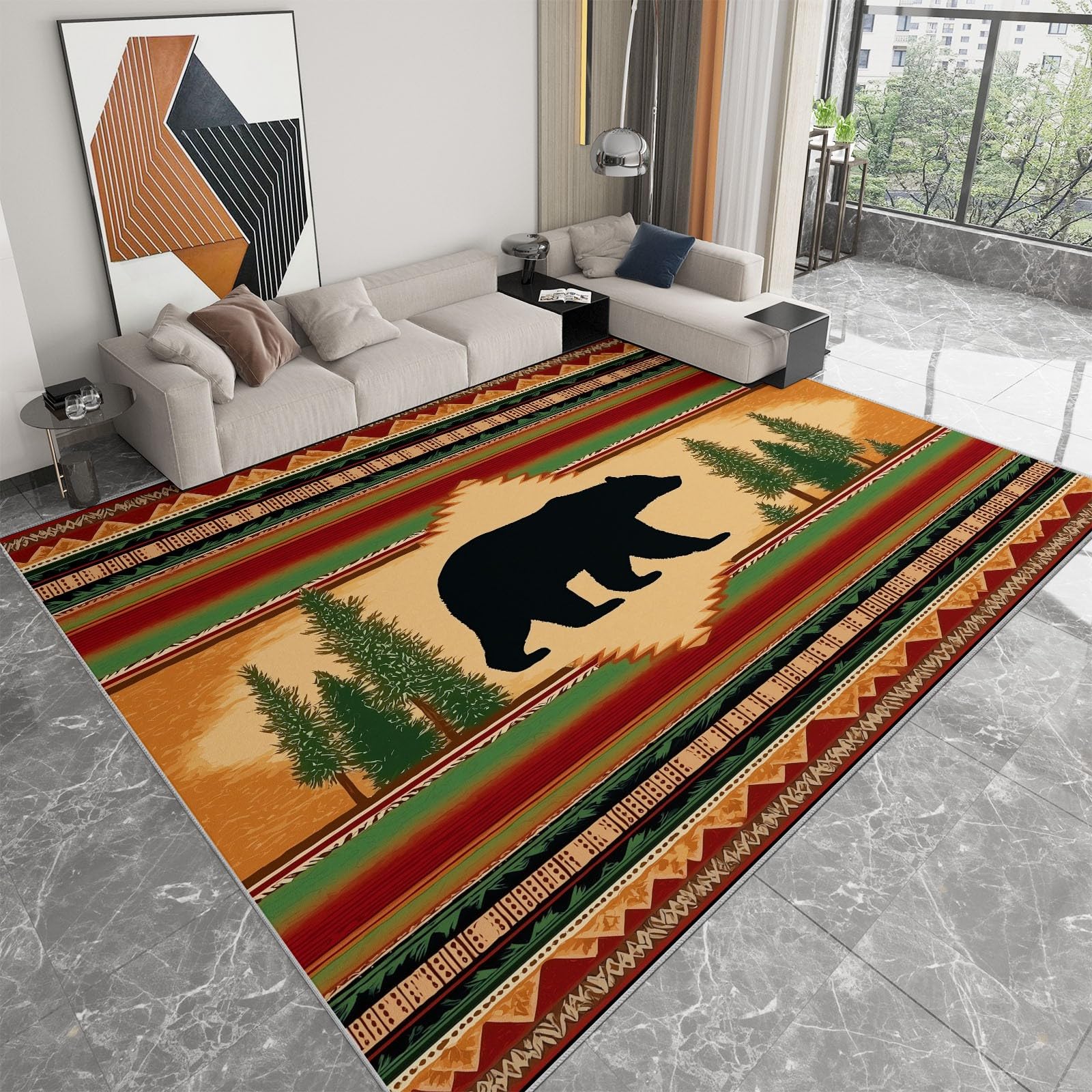 Generico Dywan 120 x 170 cm - zmywalny krótki włos, duży prostokątny tradycyjny dywan leśny niedźwiedź paski drzew, do wejścia do domu antypoślizgowe składane salon wielbłąd
