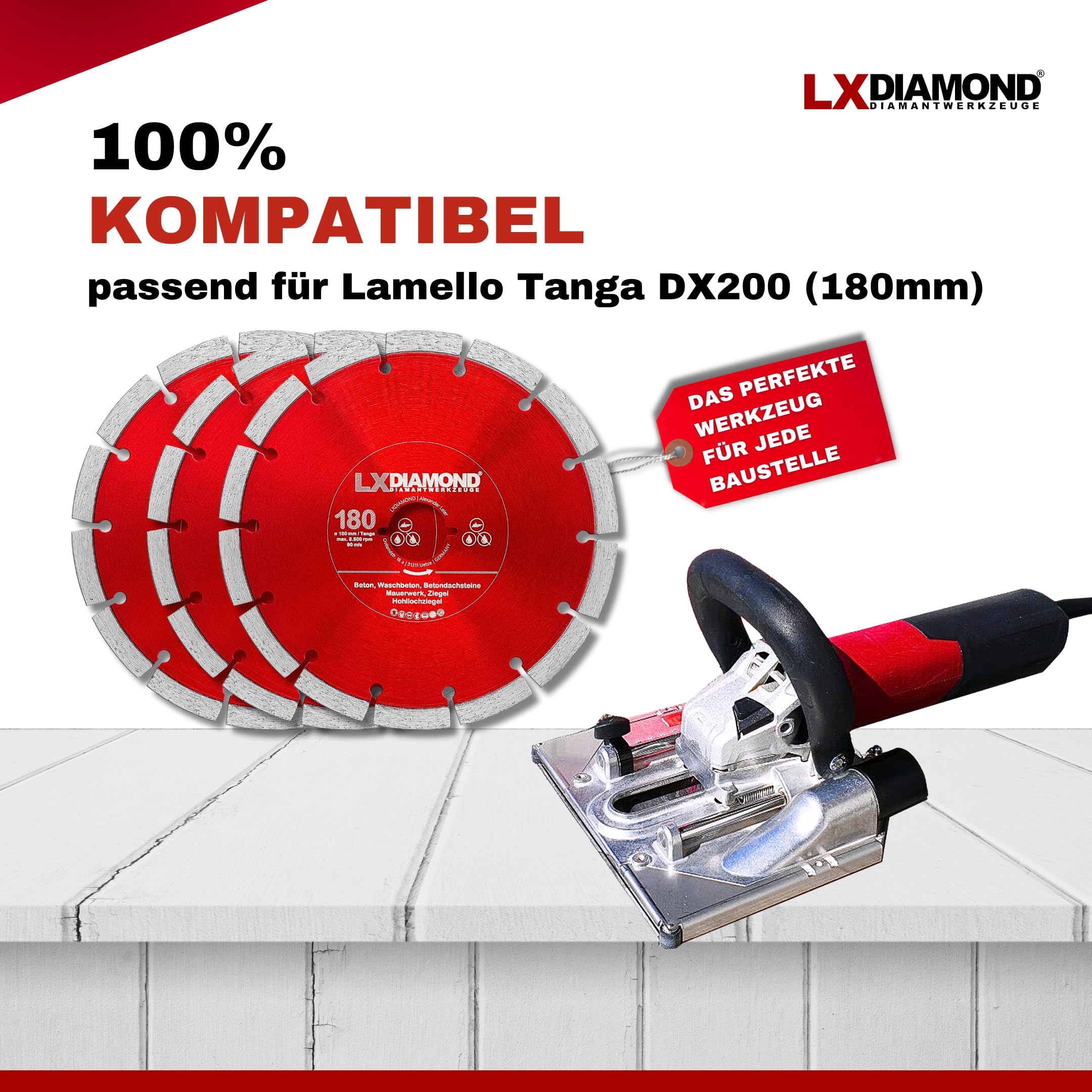 3x Diamant-Trennscheibe 180mm - kompatibel mit Lamello Tanga DX200 Fensterfräse Montagefräse - Diamantscheibe für Beton Mauerwerk Ziegel Stein Universal - 180 mm in Profi Qualität
