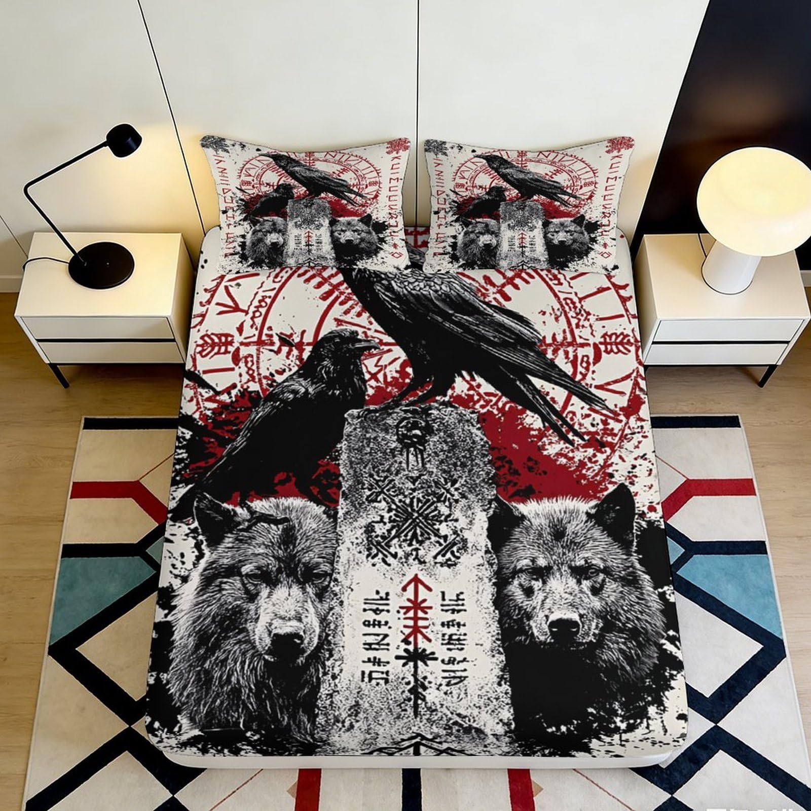 Jqzkxnhpbr Style-7 3D Printed Wolf Raven Fitted Sheet Microfiber Red Black Artistic Bed Cover For Bedroom Guest Room Decor 90X200x25cm