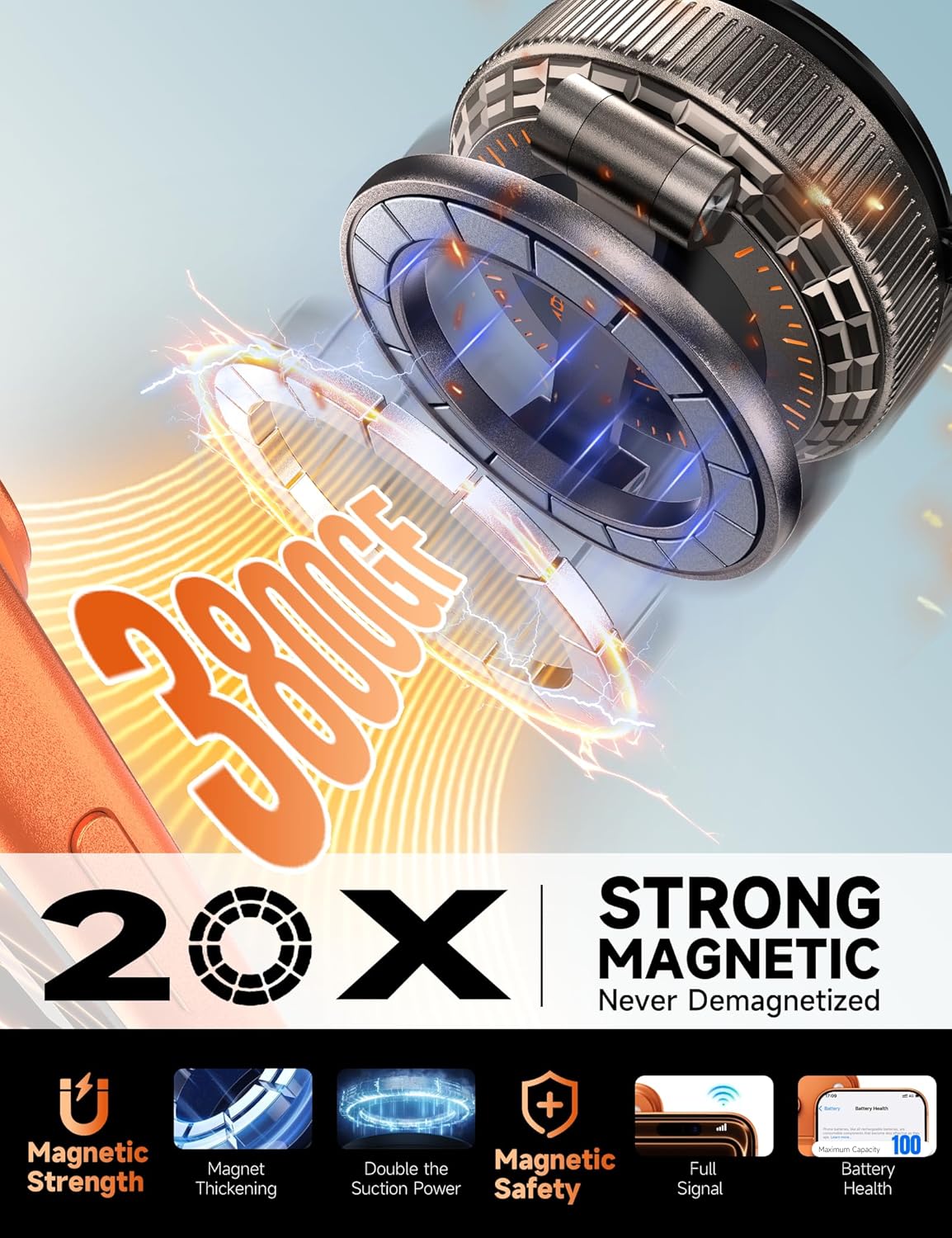 Pure Zinc Alloy Vacuum Magnetic Phone Holders for Your Car [105+LBS Suction & 3800gf Magnetic] 360° Adjustable Magsafe Car Phone Holder Mount for iPhone 17 16 15 14 13 12 Series & Android - Image 4