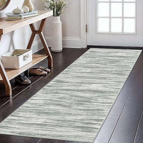 Miniatura 210 de KOZYFLY Alfombra moderna abstracta lavable de 2.6 x 10 pies, antideslizante, suave, alfombra de camino de cocina, alfombra a rayas azules óxido para