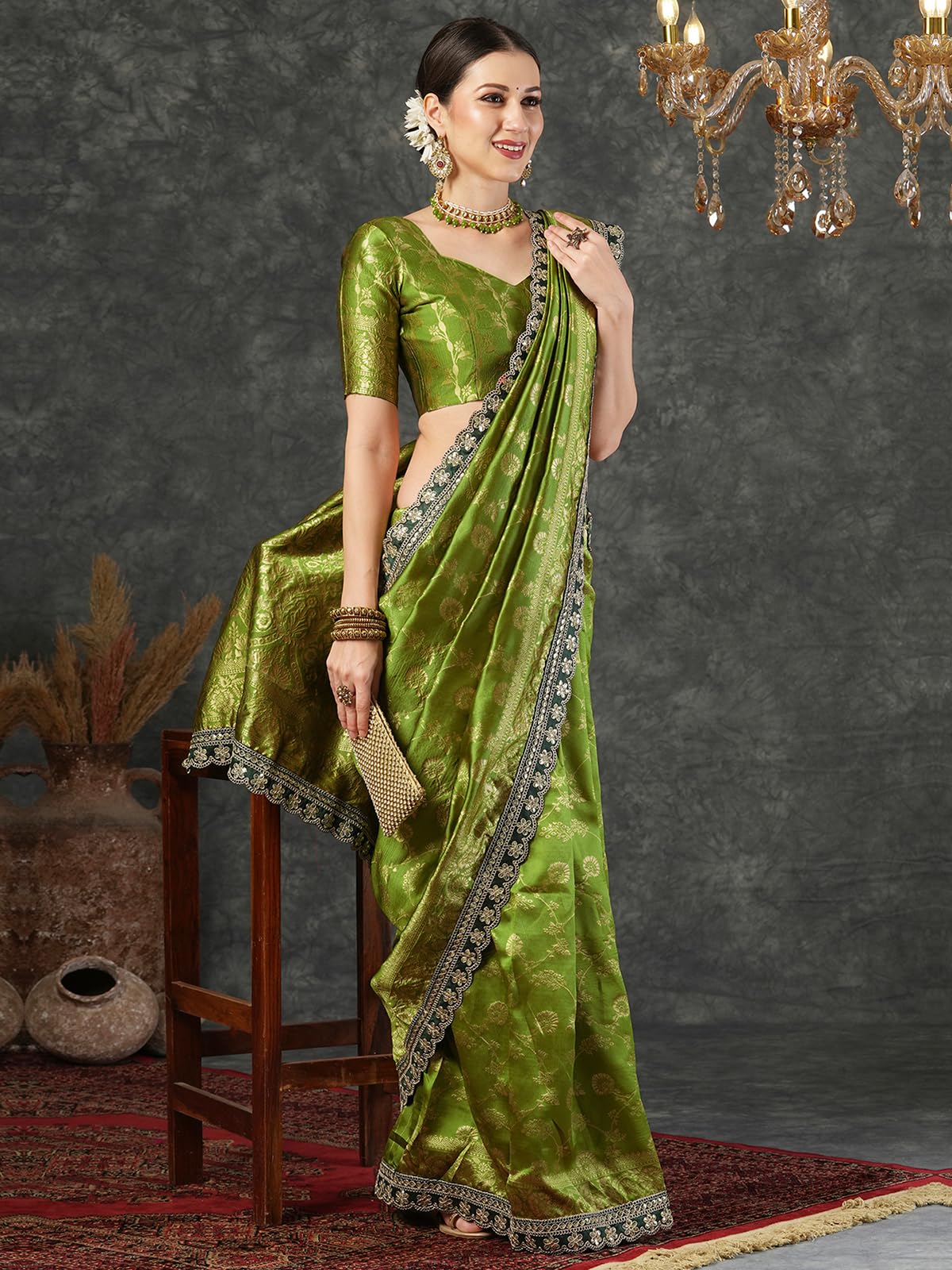 Satrani Women's Silk Banarasi Jacquard Weaving Saree With Unstitched Blouse Piece (4032S666N_Green & Golden)
