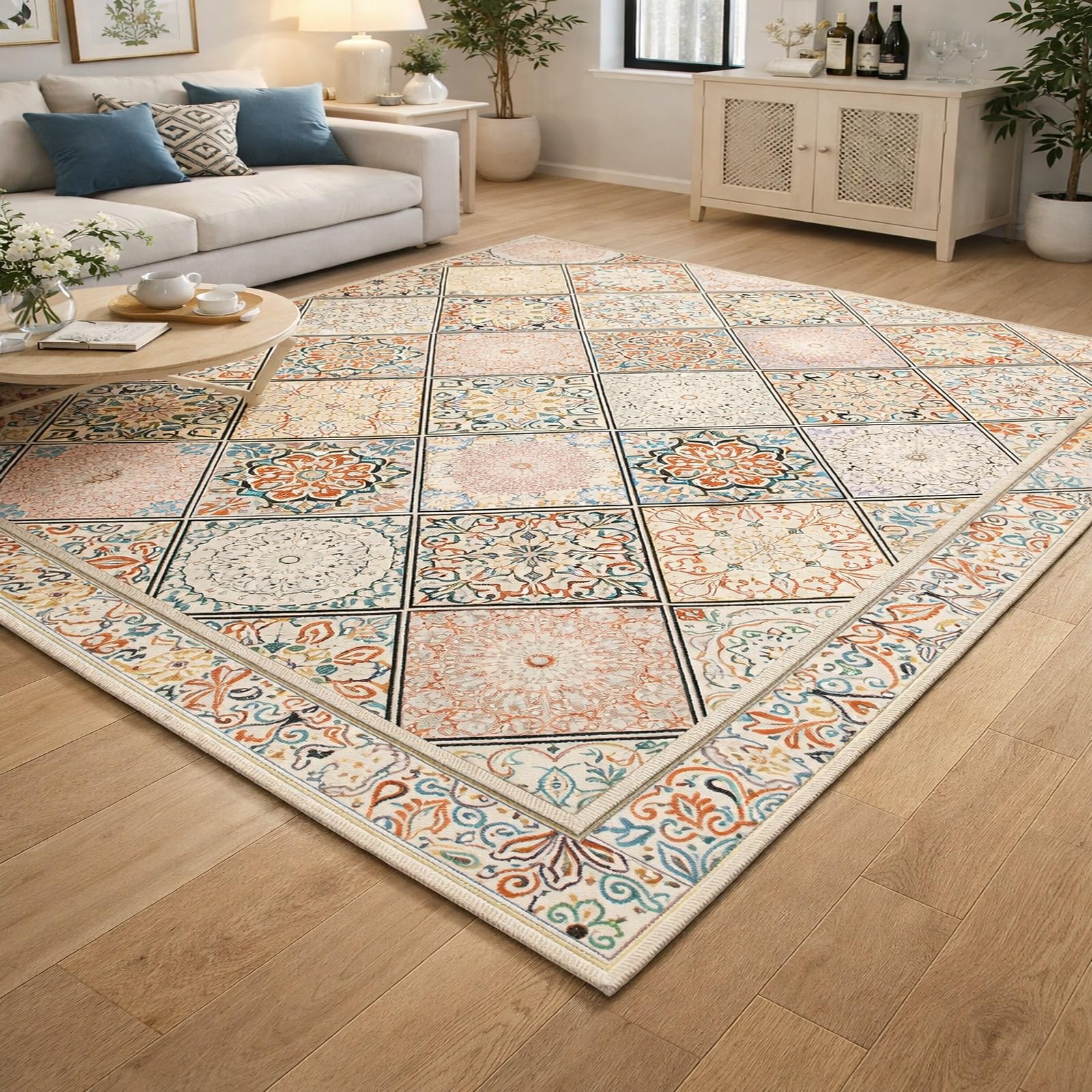 Alfombra de fácil cuidado para pasillo y entrada suave Rururug geométrica tradicional roja