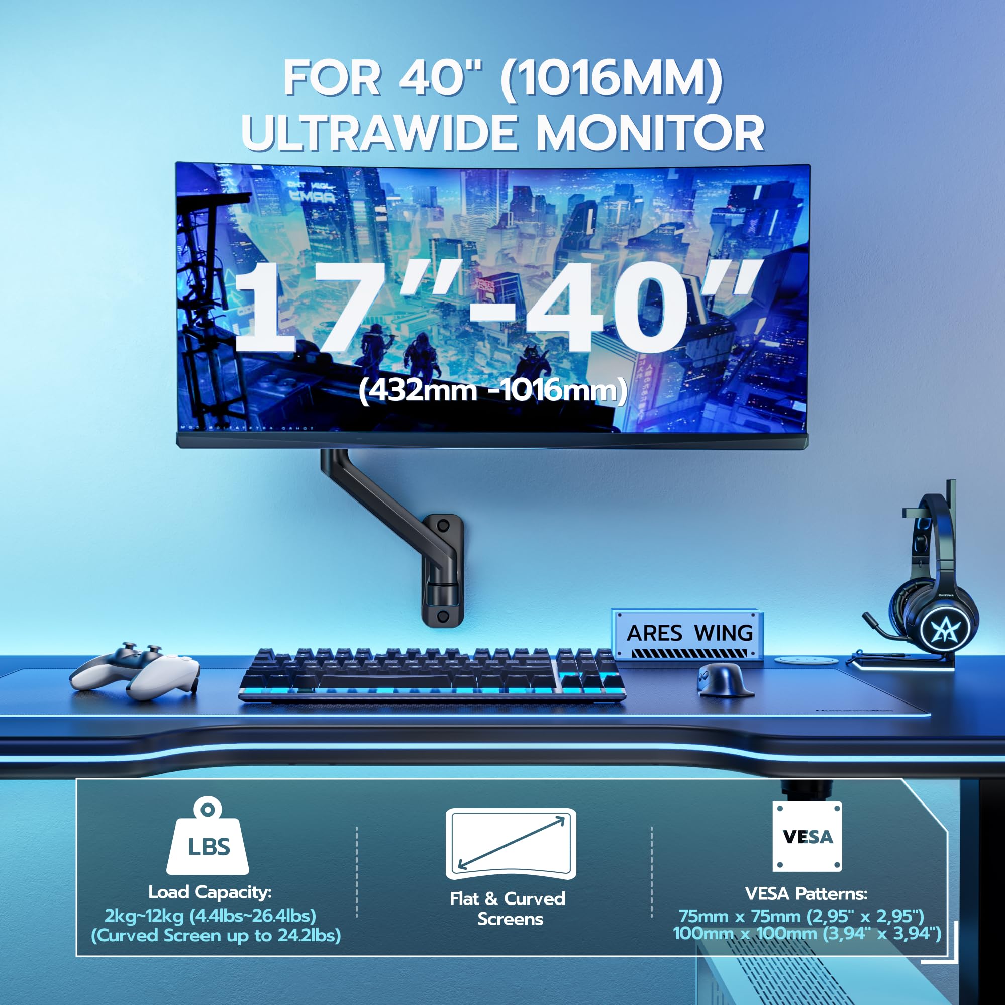 ARES WING Supporto da parete per monitor da 17-40 pollici, nero | Supporto da parete per monitor fino a 12 kg per braccio, regolabile in altezza, inclinabile, girevole, VESA 75/100 mm