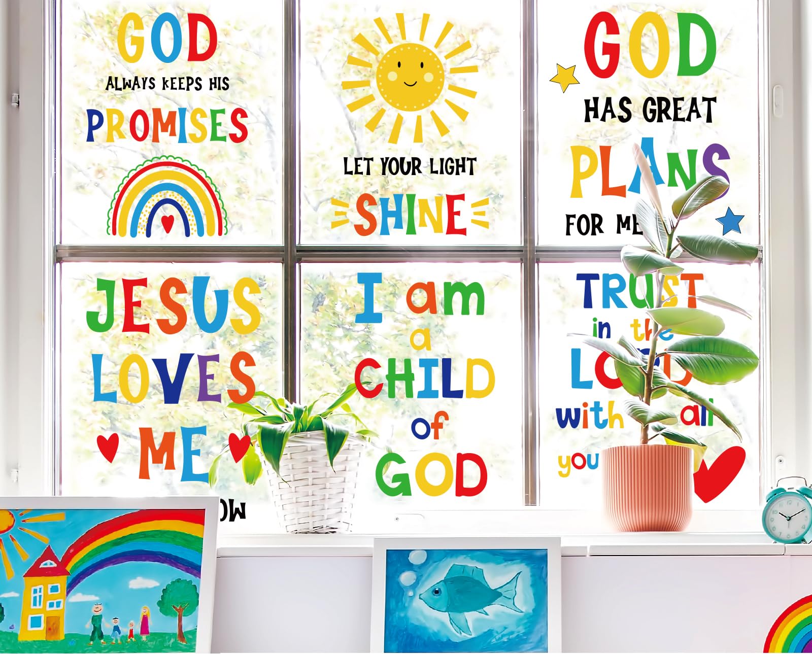 Whaline 9 Sheet Back to School Window Clings Jesus Inspirational Quotes Window Decals Double-Sided Motivational Bible Verse Windows Decor for Students Bedroom Classroom Playroom