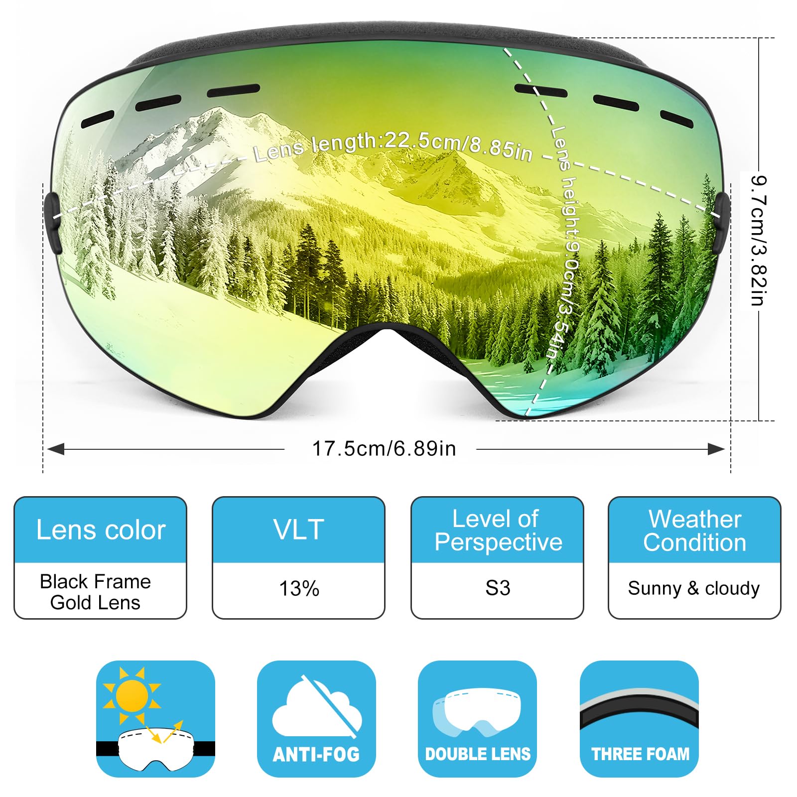 SPOSUNE Lunettes de ski avec double lentille sphérique anti-buée interchangeable, protection 100 % UV400, pour homme, femme, jeune, compatible avec les casques, anti-reflets, résistant aux chocs